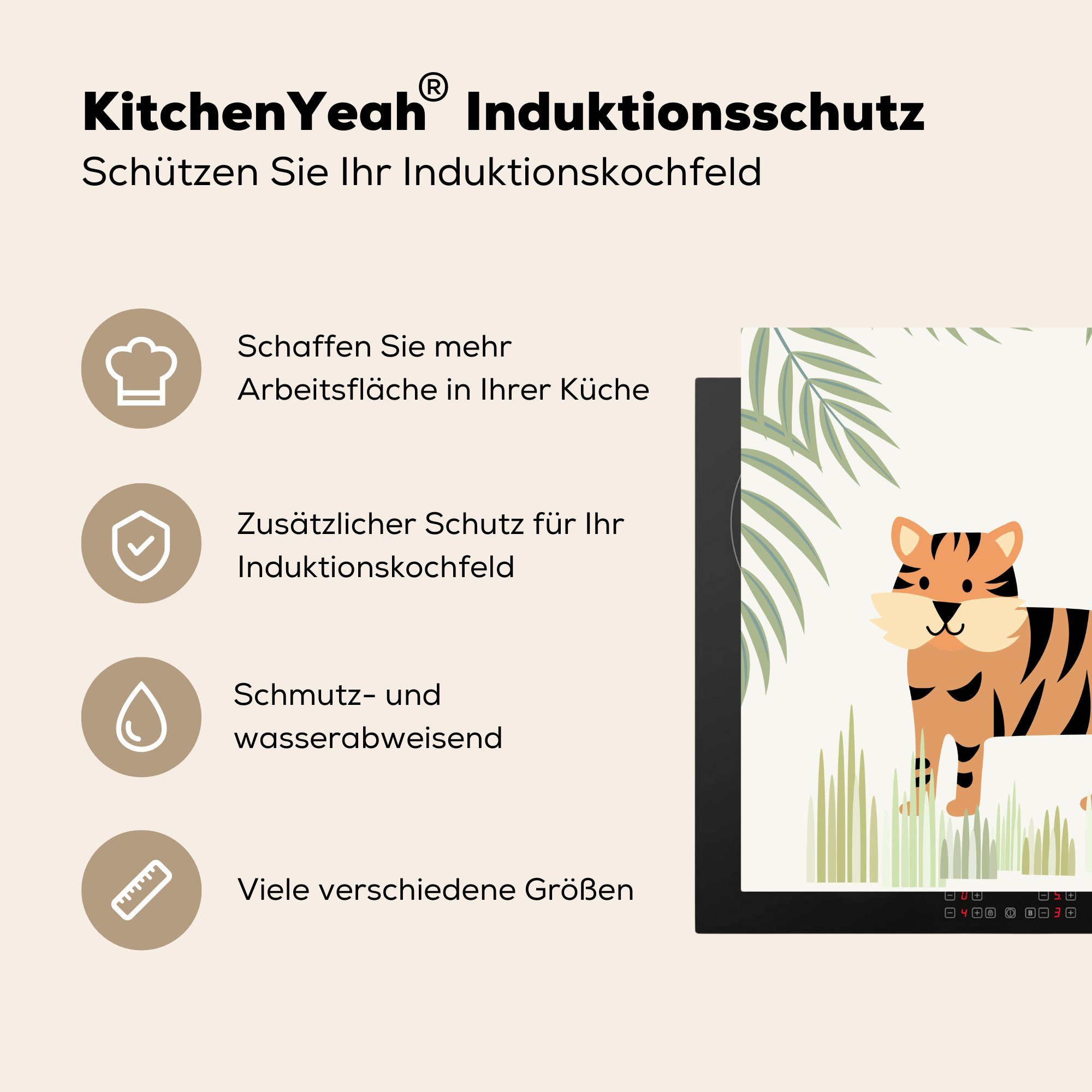 MuchoWow Dschungel, küche cm, Vinyl, Ceranfeldabdeckung, Illustration für im eines Tigers tlg), Arbeitsplatte Herdblende-/Abdeckplatte (1 78x78