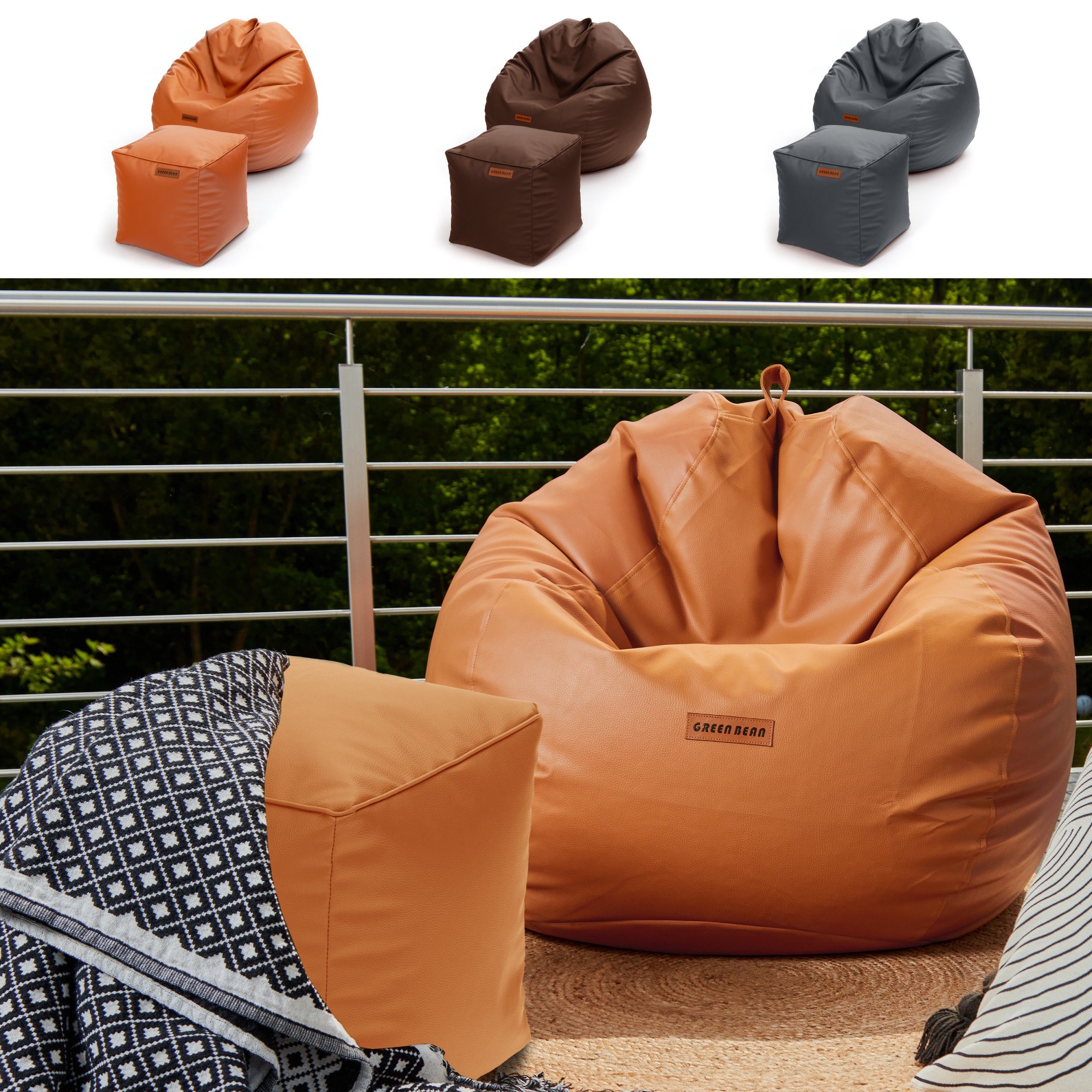 Hocker Kunstleder Riesensitzsack Kissen Sitzsack verschiedene Cube XXL Kombinationen), Green + Bean aus Chair als 3x Cognac Outdoor, Gamingstuhl Pouf Lounge / Couch und Fußschemel (Indoor Farben Set