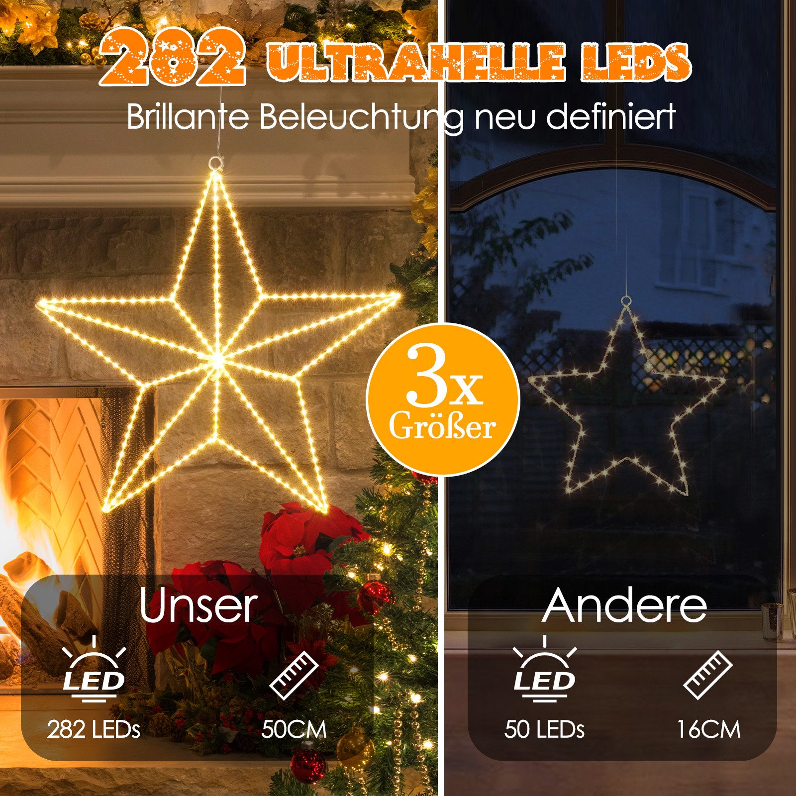 Quntis LED-Lichterkette LED Stern Fensterdeko, Warmweiß weihnachtsdeko, Faltbar, mit 3m Kabel, 50cm Fünfzackstern, 282 LEDs, IP20, inkl. Haken, Ideal für Fenster