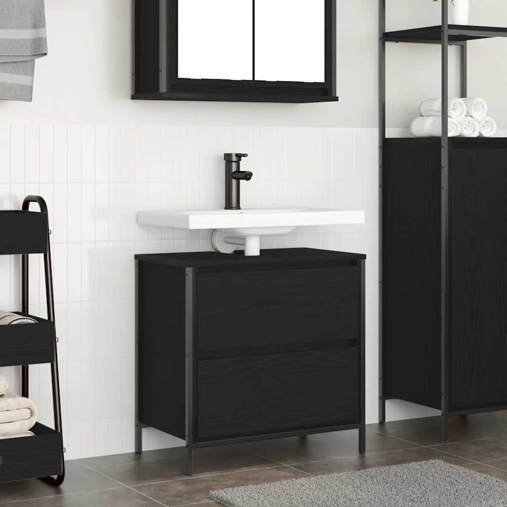 furnicato Waschbeckenunterschrank 60 x 34,5 x 60 cm Schwarz Eichen-Optik Badschränke mit Gasdruckfeder und praktischer Schiebeschublade