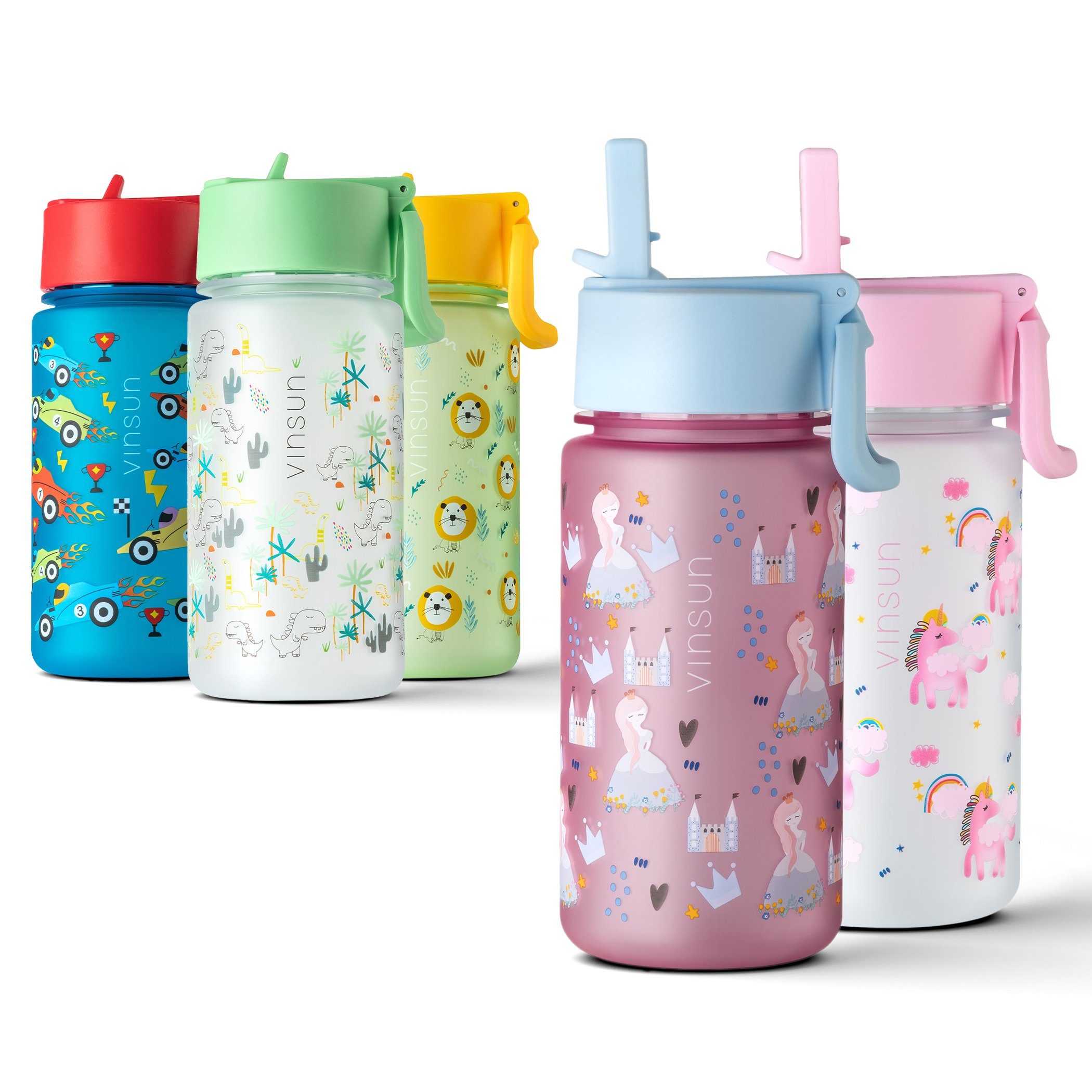 Vinsun Trinkflasche Trinkflasche Kinder 500ml - Auslaufsicher mit Strohhalm - Prinzessin, BPA frei, auslaufsicher, bruchsicher, Geruchs- und Geschmacksneutral Pink | Trinkflaschen