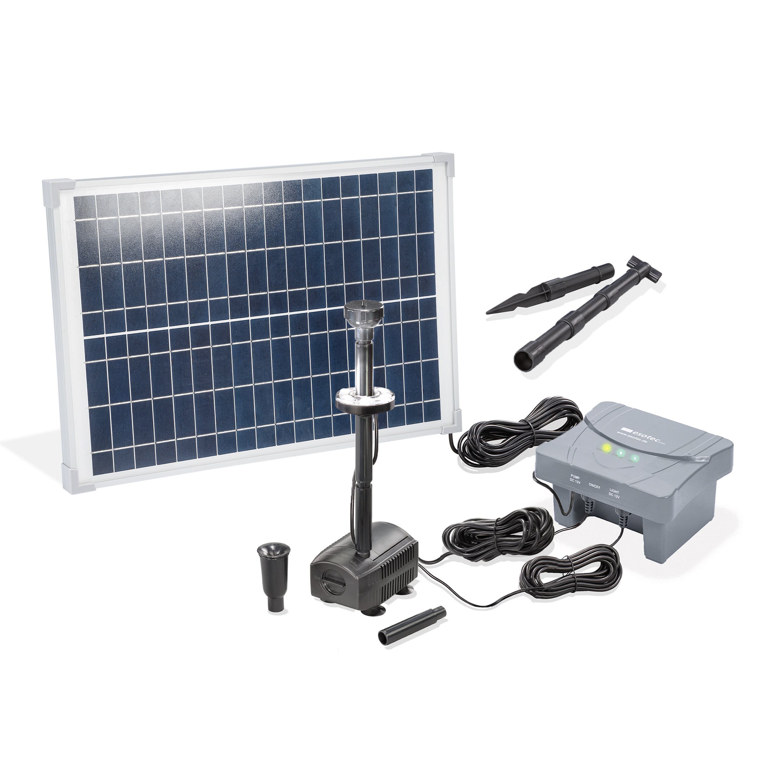 esotec Solarpumpe 25/700 Teichpumpen-Set LED+Akkuspeicher, 700l/h 25Wp Solarmodul 101938 (Komplettset)