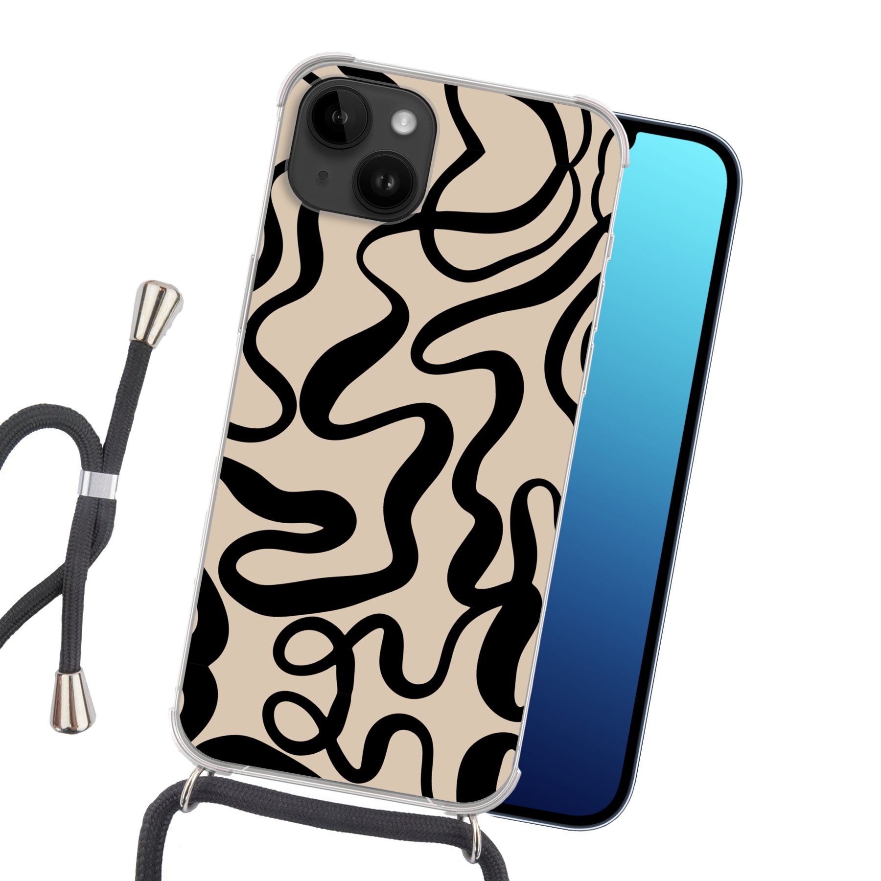 MuchoWow Handyhülle für Apple iPhone 14 Linien - Schwarz - Beige - Abstrakt - Minimalistis, Tragbare Handyhüllen mit Kette zum umhängen, Handykette Handyband