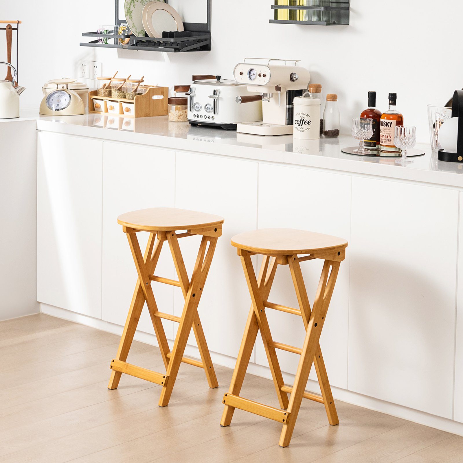 COSTWAY Barhocker (2 Set), Bambus, klappbar, ohne Lehne, Sitzhöhe 61cm, 150 günstig online kaufen