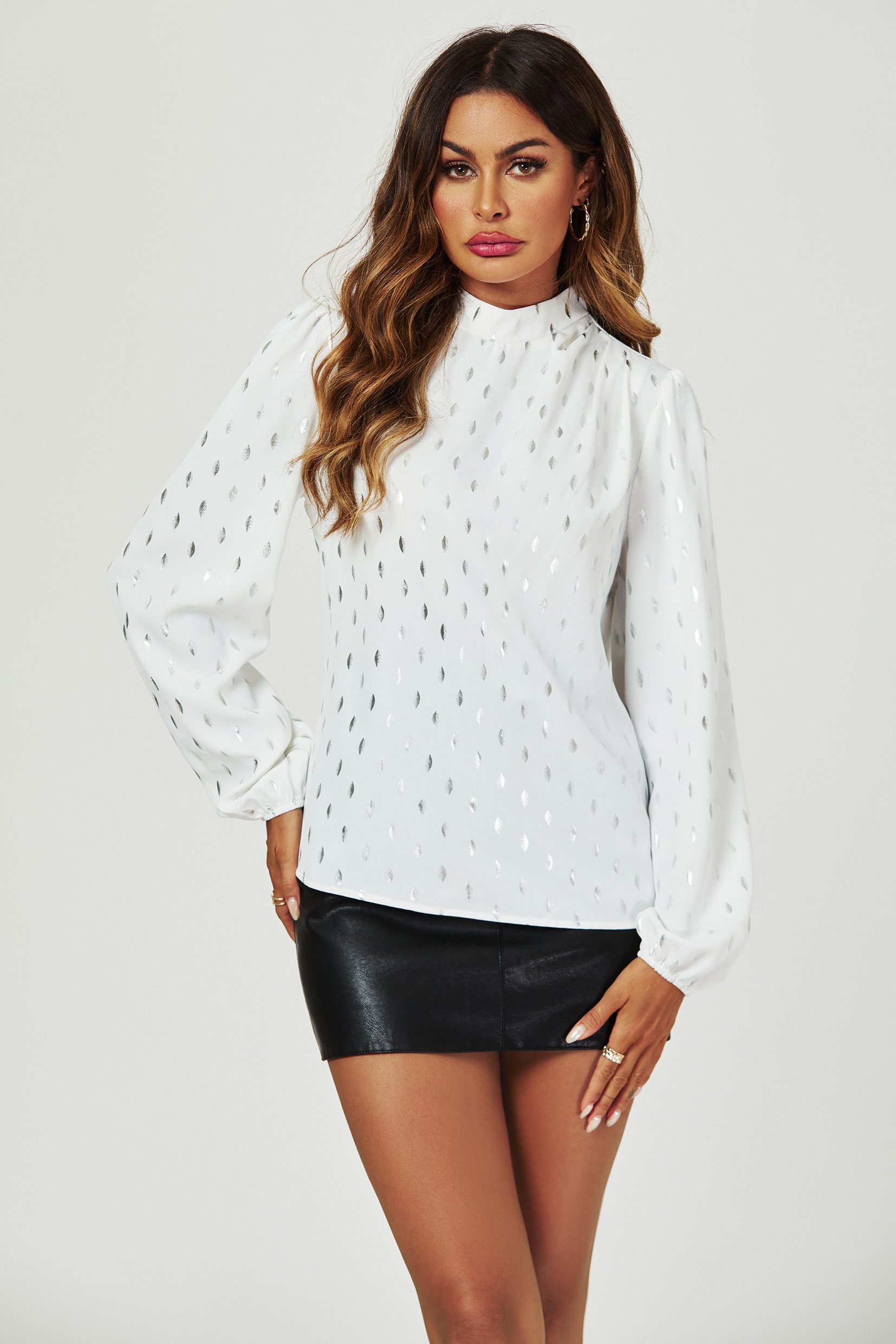 FS Collection Langarmbluse Damen elegante Bluse mit Marmormuster, langärmliges Blusenoberteil (XS (UK 8 / EU 36) S (UK 10 / EU 38) M (UK 12 / EU 40) L (UK 14 / EU 42) XL (UK 16 / EU 44), 4 Farben : Marineblau, Hellgrün, Weis und Schwarz) Leicht, Glatt, Fließend und Formstabil