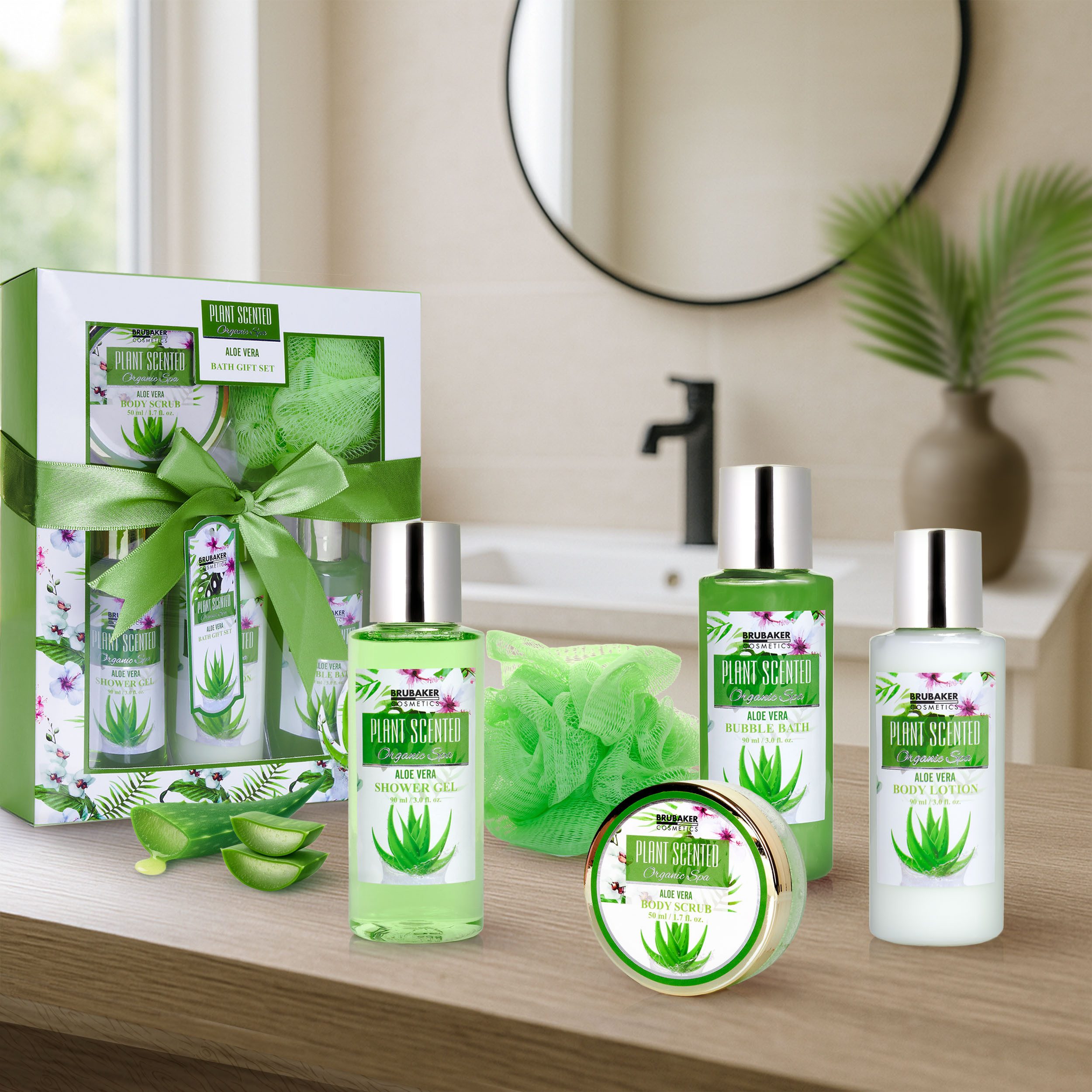 BRUBAKER Pflege-Geschenkset Dusch- und Badeset mit Aloe Vera Duft, Beauty Geschenkset, 5-tlg., Frauen Geschenk Set in Sichtfensterbox, Beauty Pflegeset für Damen