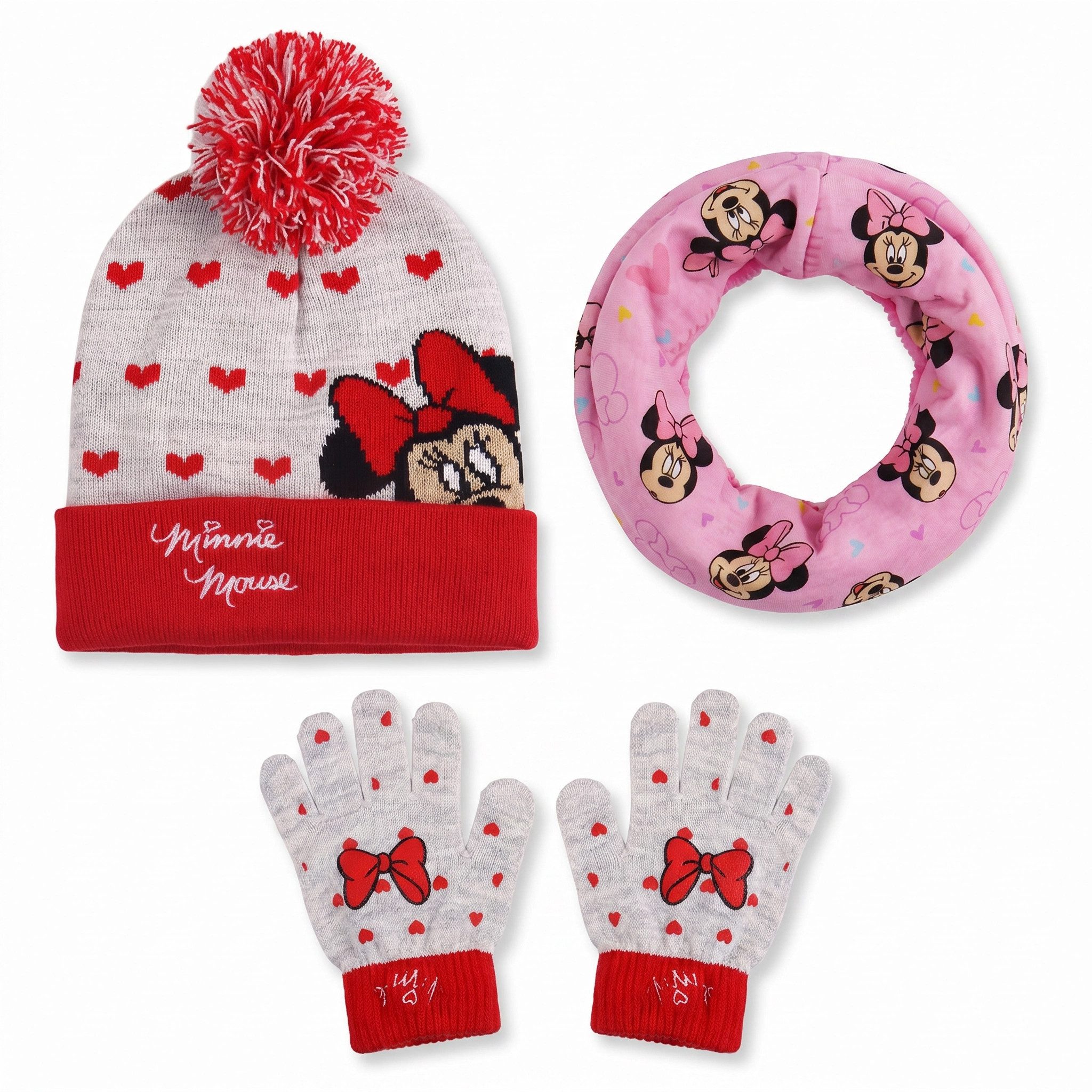 Disney Bommelmütze Disney Minnie Maus 3 teiliges Set für Kinder (Spar-Set, 2-St) Herbst Wintermütze Snood plus Handschuhe