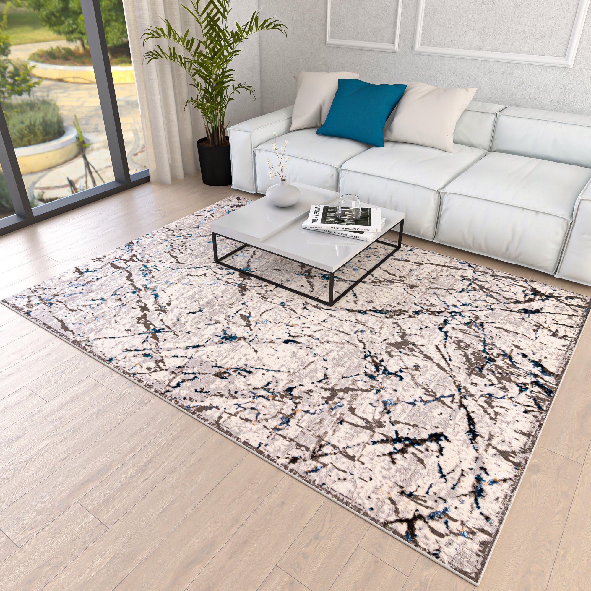 Designteppich Modern Teppich für Wohnzimmer - Abstrakt Muster, Beige Blau  Grau, Mazovia, 80 x 150 cm, Abstrakt, Modern, Höhe 8 mm, Kurzflor -  niedrige Florhöhe, SCHUTZ UND SICHERHEIT - die Teppiche der Kollektion LAKE  sind zertifiziert