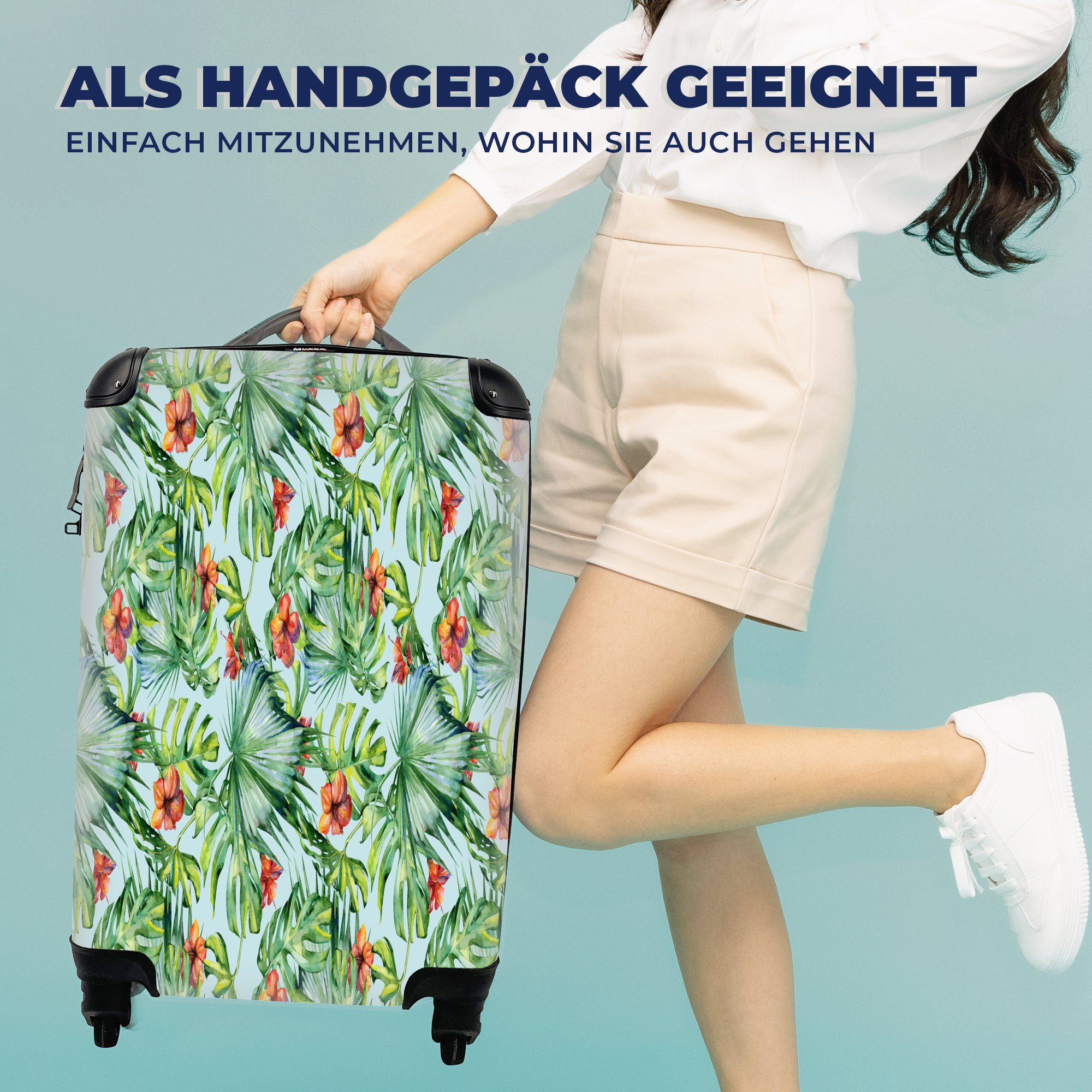 Handgepäck Orange Trolley, Handgepäckkoffer Rollen, für 4 Blätter, - Hibiskus Reisekoffer - rollen, mit MuchoWow - Ferien, Blumen Reisetasche