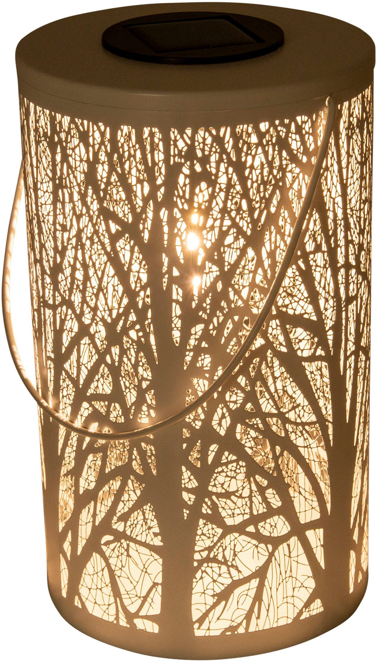 näve LED Solarleuchte Wald, LED fest integriert, Warmweiß, rund D: 12cm, H: 20cm, weiß, Waldmotiv, warmweißes Licht, Akku, Griff