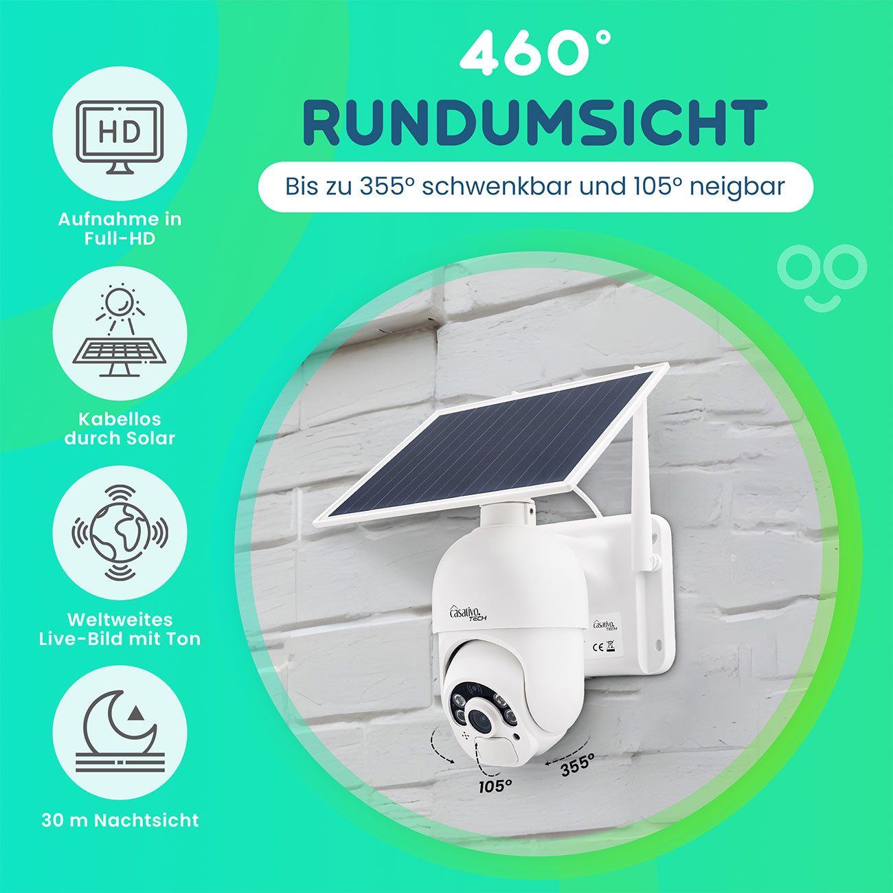 Casativo Überwachungskamera Überwachungskamera, solarbetrieben / kabellos, Pan-Tilt, FullHD (2-tlg., PIR Sensor, Nachtsicht, 2-Wege-Audio/ Video, IP66)