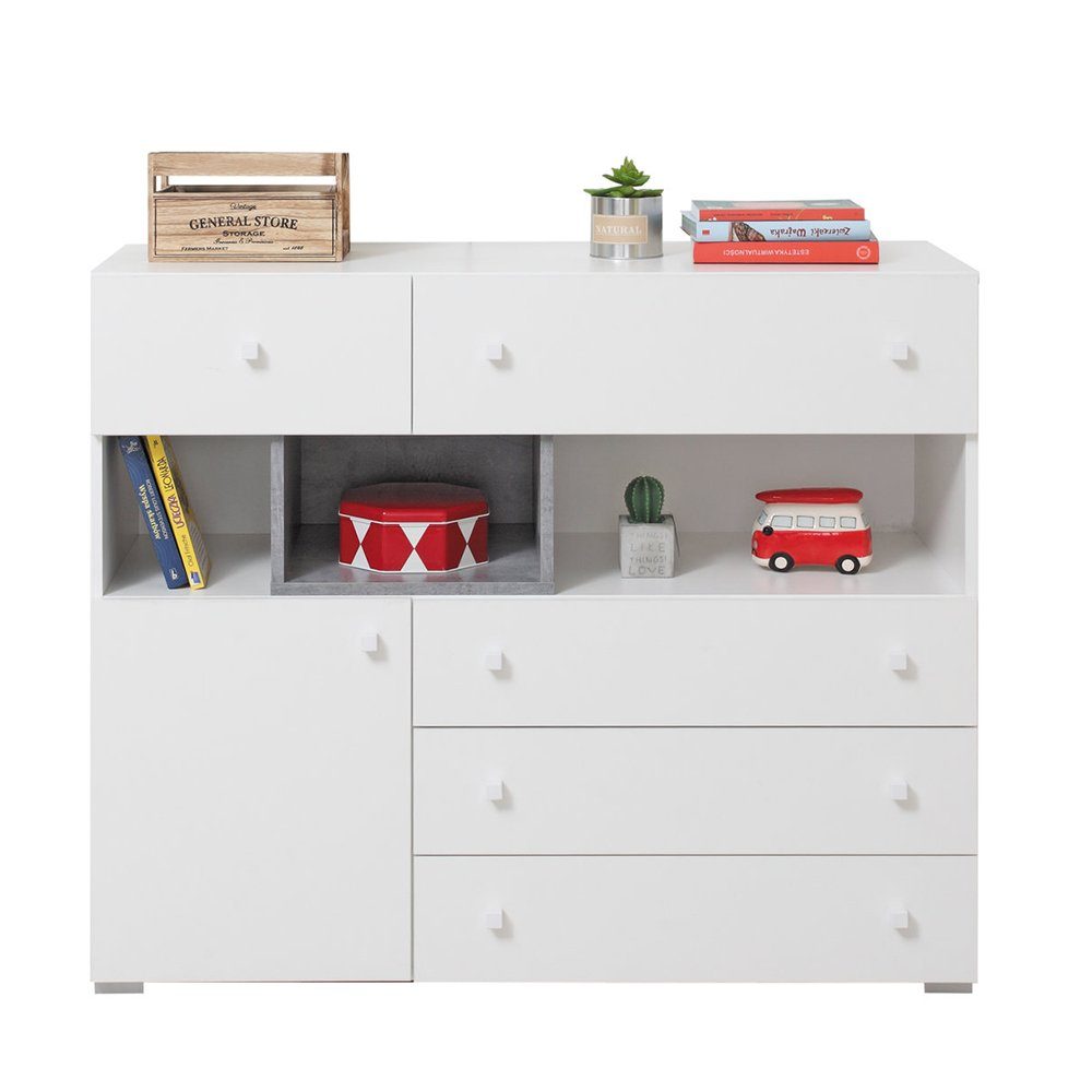 Lomadox Kommode SEATTLE-133, Sideboard 110cm breit in Beton und weiß