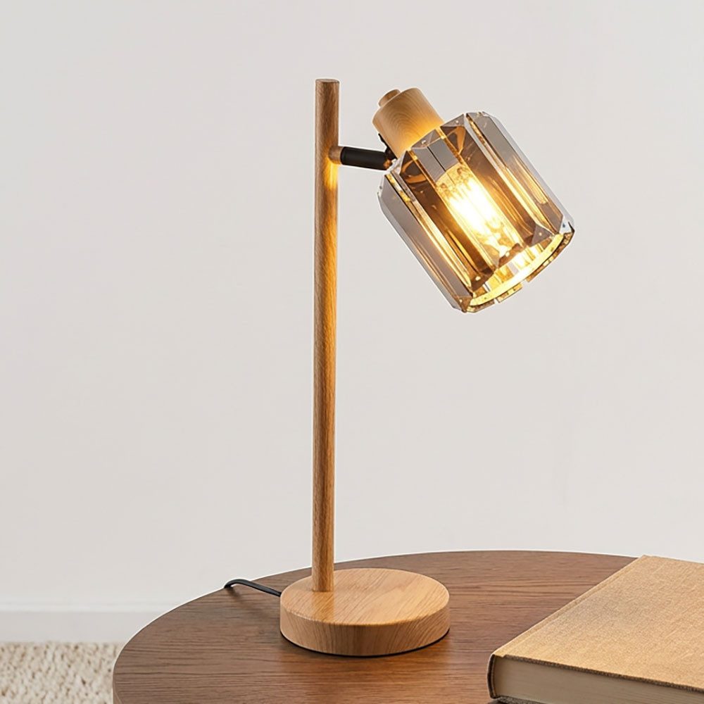 NOWA Schreibtischlampe, Leuchtmittel inklusive, Warmweiß, LED Tischlampe Tischleuchte Nachttischleuchte Kristalle Holzoptik