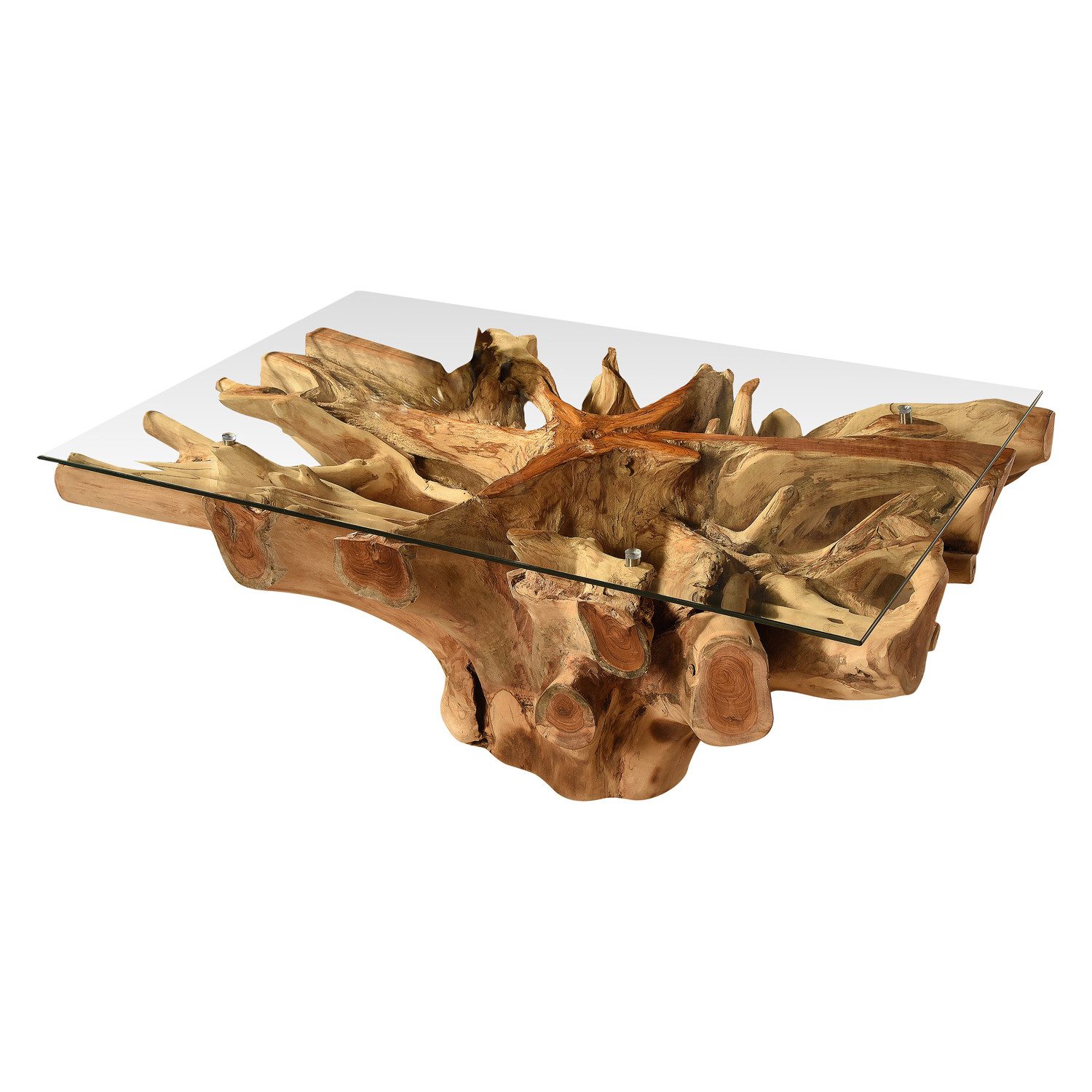 Bambus-Lounge Couchtisch Couchtisch Amazonas mit Glasplatte aus Teak-Wurzelholz Wohnzimmertisch