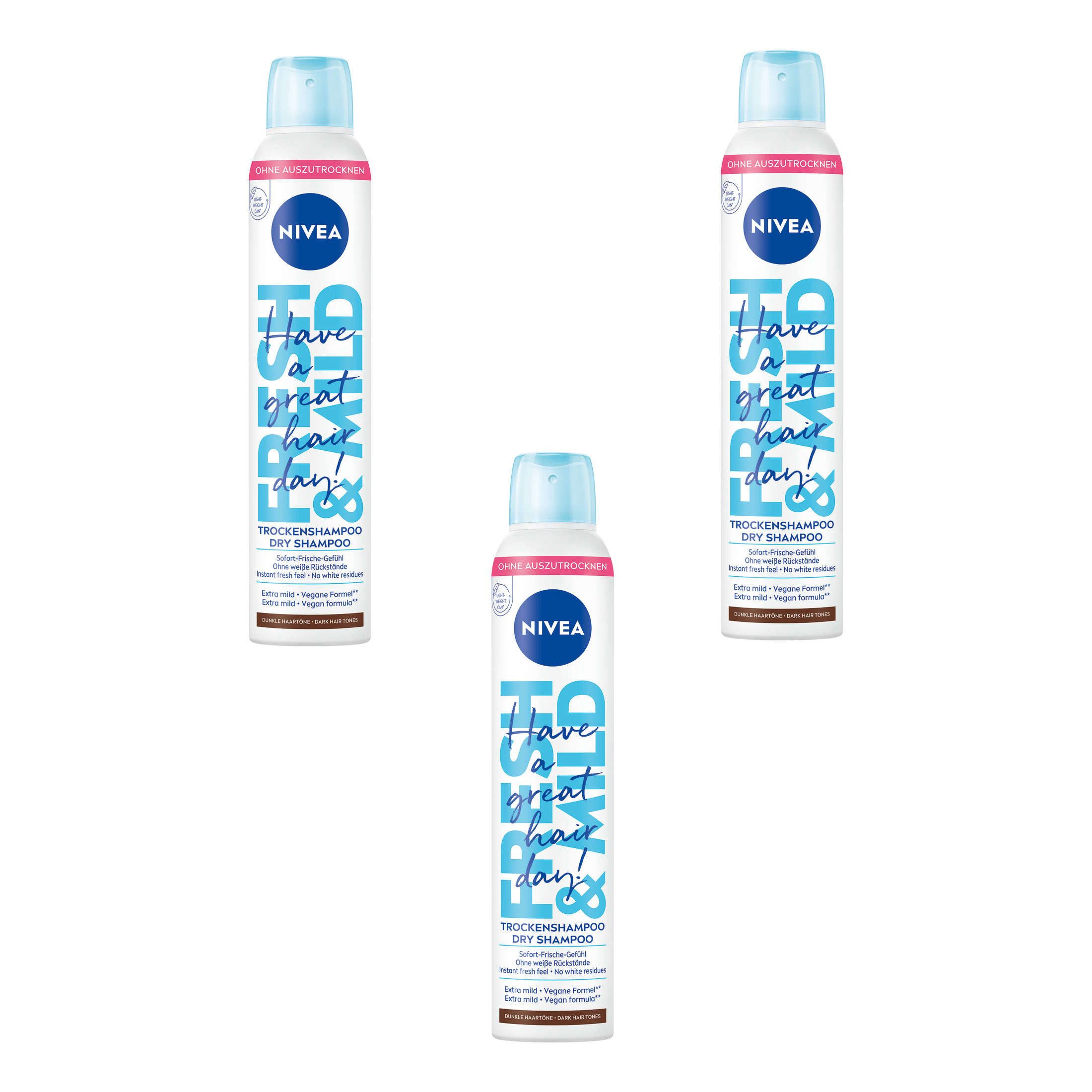 Nivea Trockenshampoo Hair Care Fresh & Mild Dunkle Haartöne mild vegan 3 x 200ml, Packung, 3-tlg., Hinterlässt keine weißen Rückstände und trocknet das Haar nicht aus