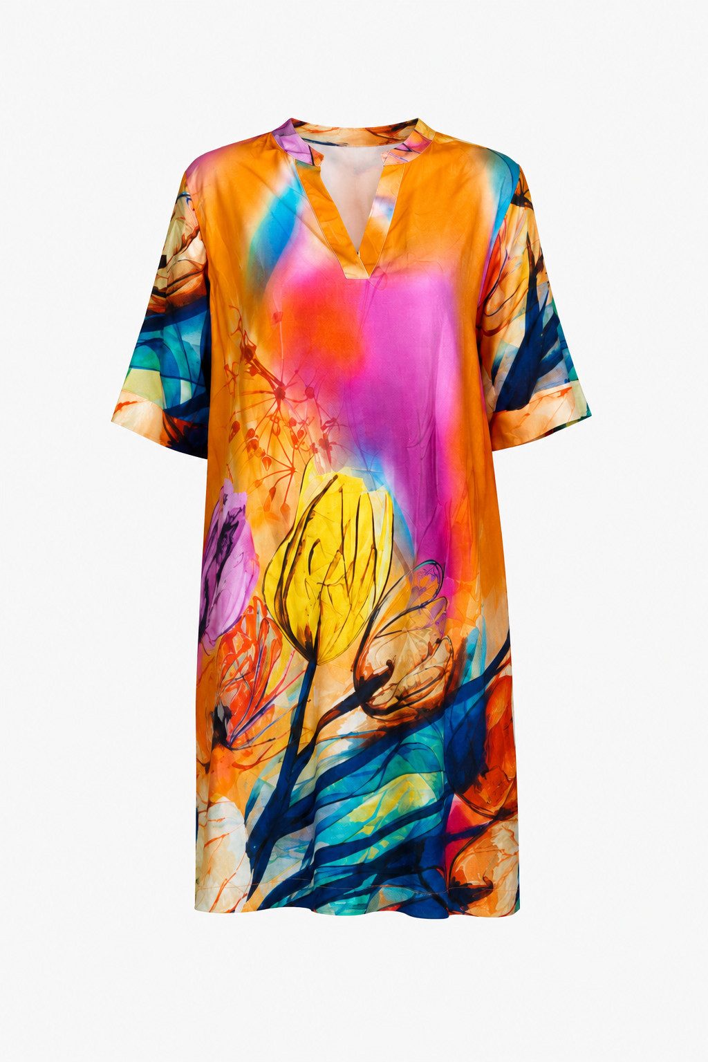 ITALY VIBES Sommerkleid - Tunikakleid - Printkleid mit V-Ausschnitt - Damen Viskosekleid One Size / passend für M bis XXL