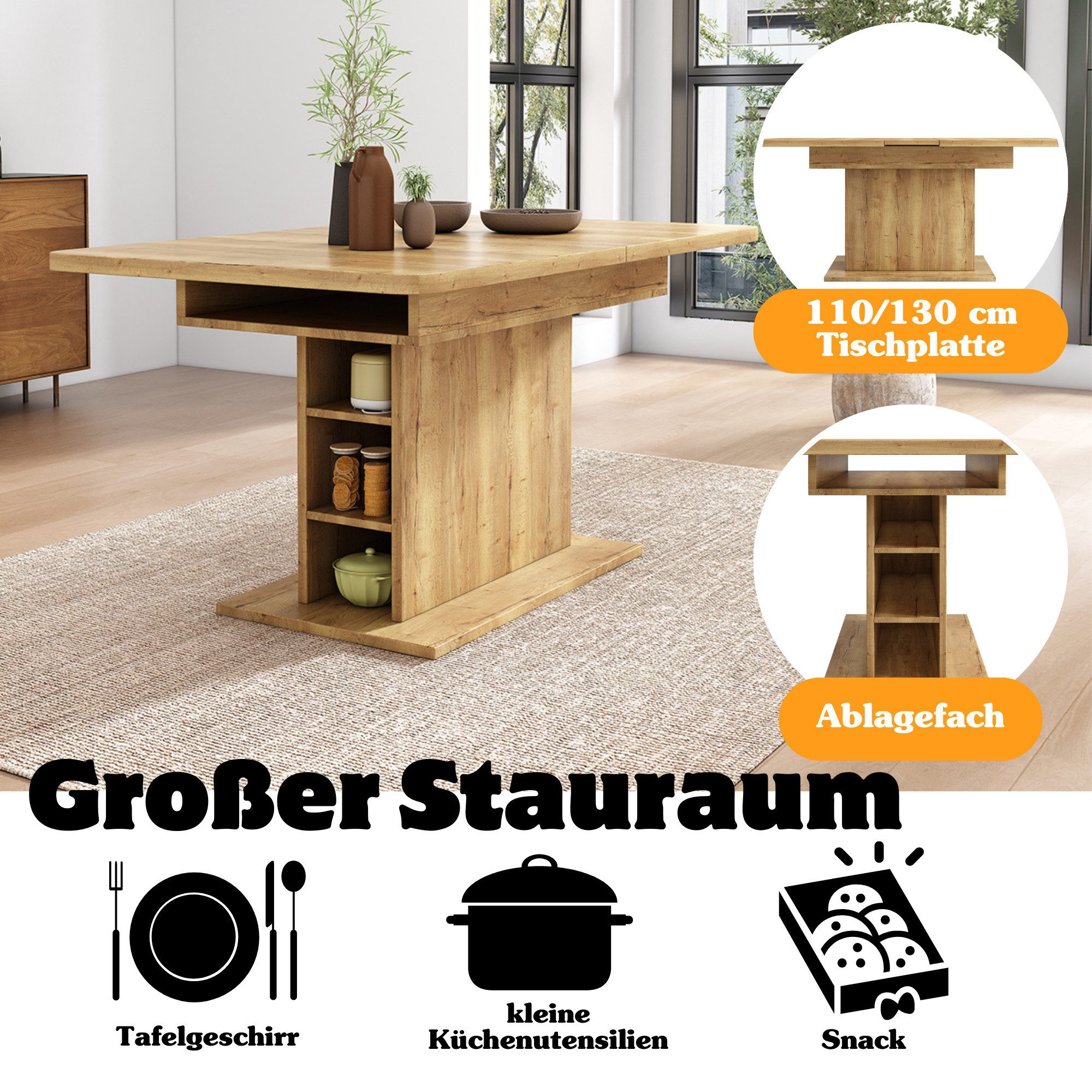 Flieks Esstisch erweiterbare Tischplatte 110-130x70 cm, verstellbare Länge (Multifunktionstisch, 1-St., 1 Tisch mit Stauraum), ausziehbar rechteckig Küchentisch – Bild 5 von 5