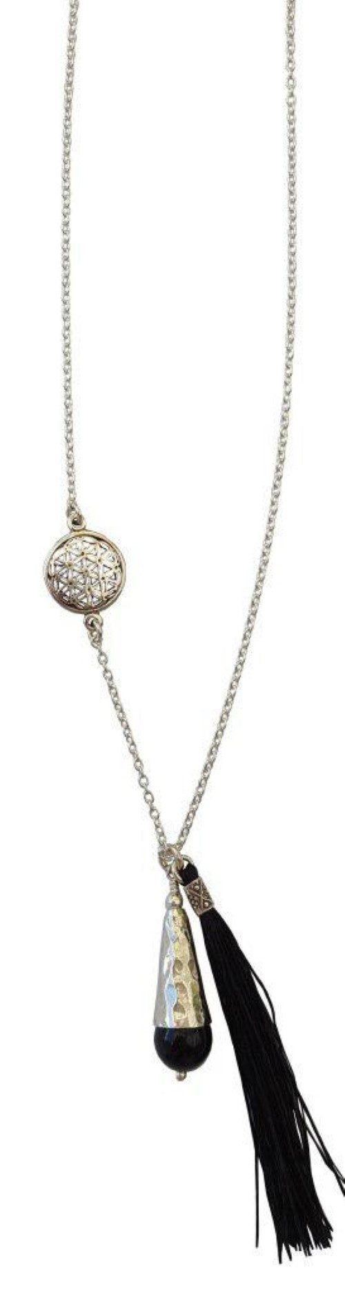 Saraswati Kette mit Anhänger Kette "Blume des Lebens" 1,2cm Silber 925 mit Onyx-Perle und Schwarzer