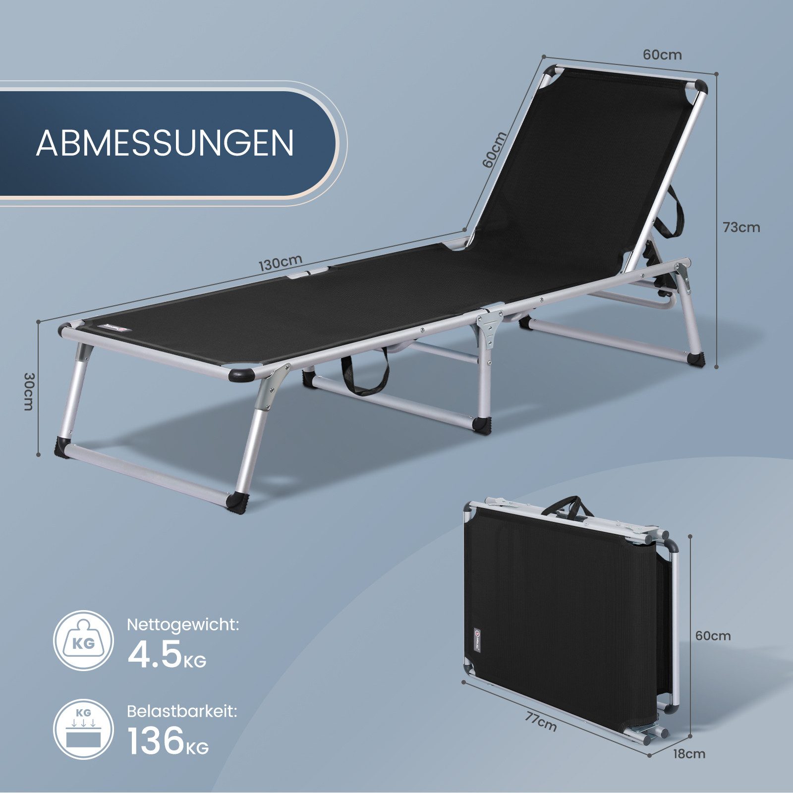 HOMECALL Gartenliege Leicht Sonnenliege Klappbar Alu Liegestuhl Strandliege, 1-tlg, 5 fach Verstellbare Rückenlehne, Sonnenschutzdach, bis 136KG