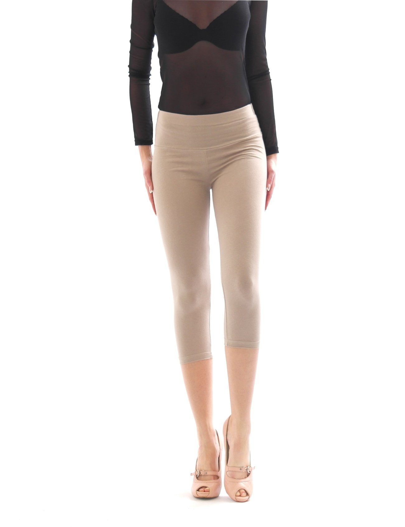 SYS Caprileggings Capri Leggings hoher Bund mit Taschen 3/4 Leggins Hose Baumwolle Damen beige