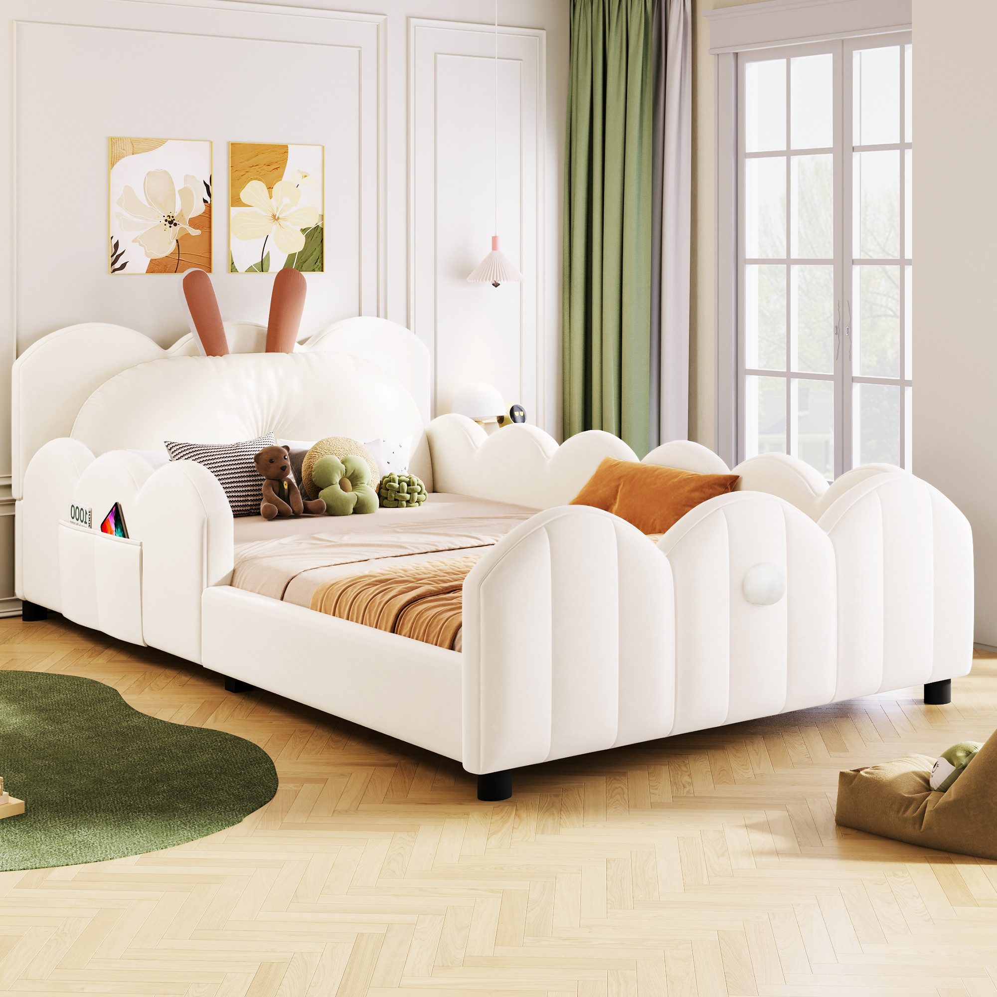 Flieks Polsterbett, Kinderbett Bodenbett 90x200cm mit Kissen in Kaninchenform
