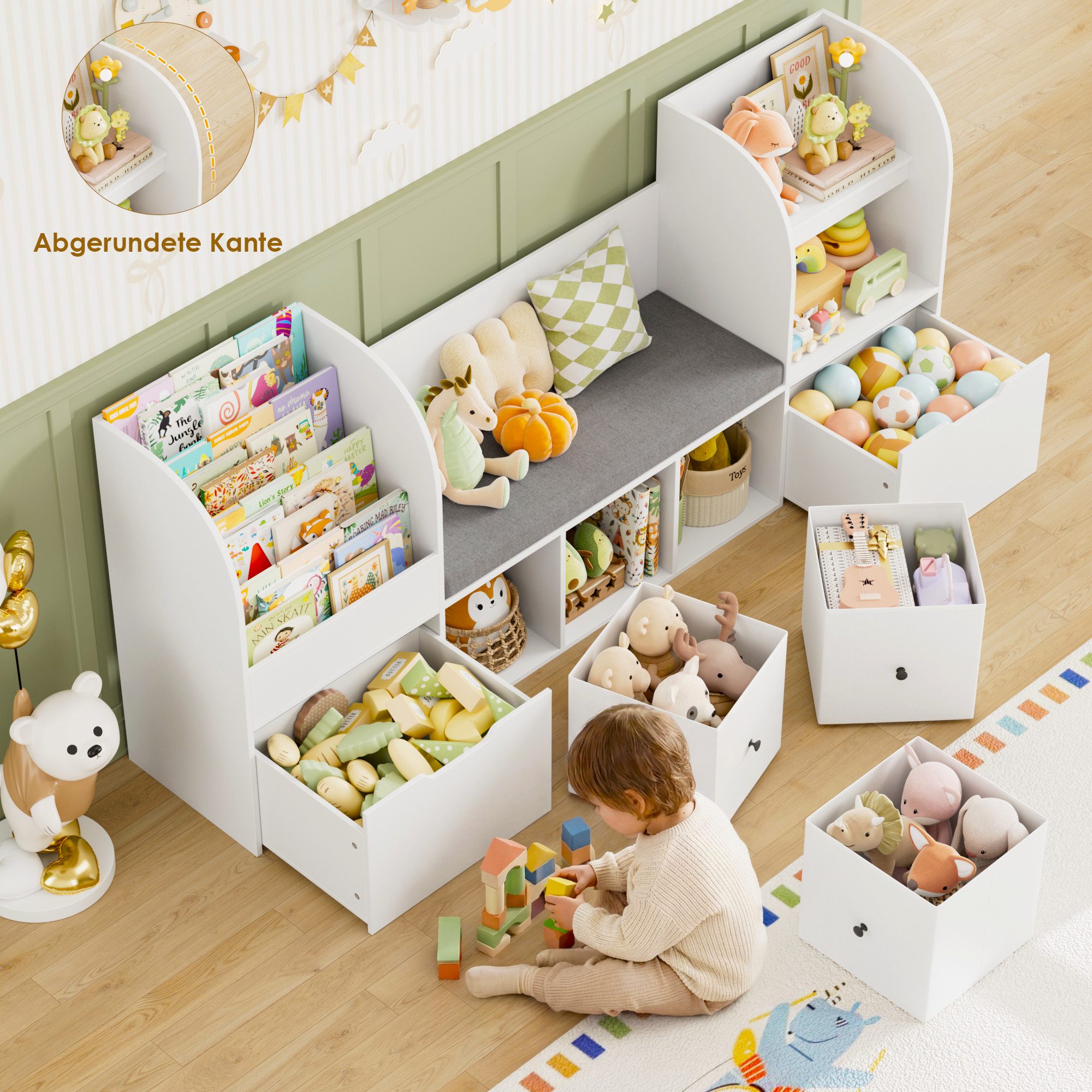 Homfa Kinderregal 180cm Sitzbank für Kinder mit 2 Schubladen auf Räder & 3 Stoffboxen, Spielzeugregal,Spielzeugtruhe, Kinderregal mit Bücherregal 180x35x80cm – Bild 2 von 5