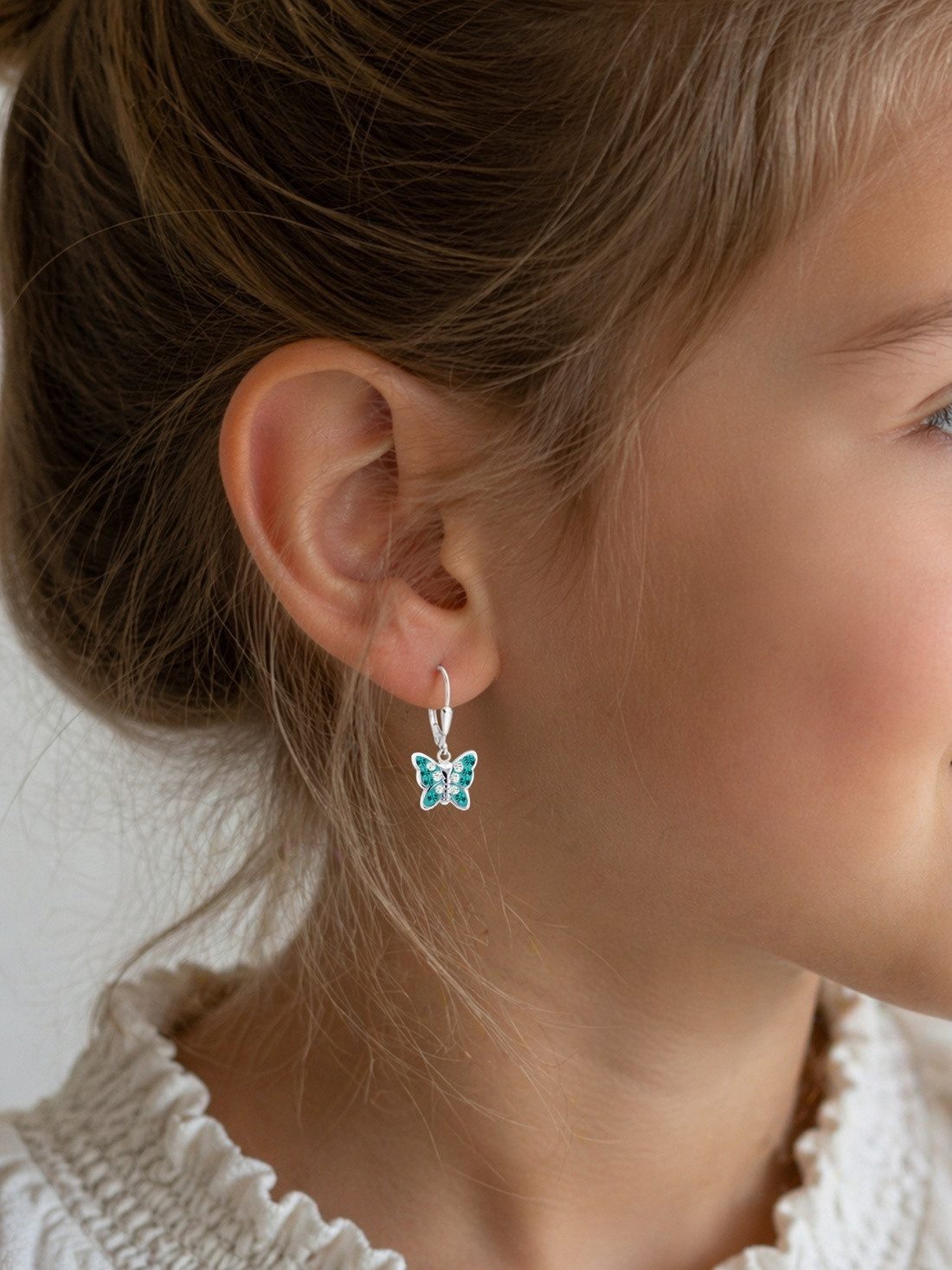 Goldene Hufeisen Paar Ohrhänger Schmetterling Ohrringe Mädchen 925 Silber mit Kristall (inkl. Etui), Kinder Ohrschmuck Farbenfroh