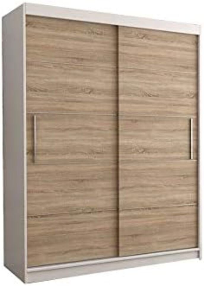 MOEBLO Kleiderschrank LARA 06 (mit dekorativen Elementen aus Aiminium, Schwebetürenschrank 2-türig Schrank, Gaderobe mit vielen Einlegeböden und Kleiderstange), (BxHxT): 150x200x61 cm Sonoma | Weiß