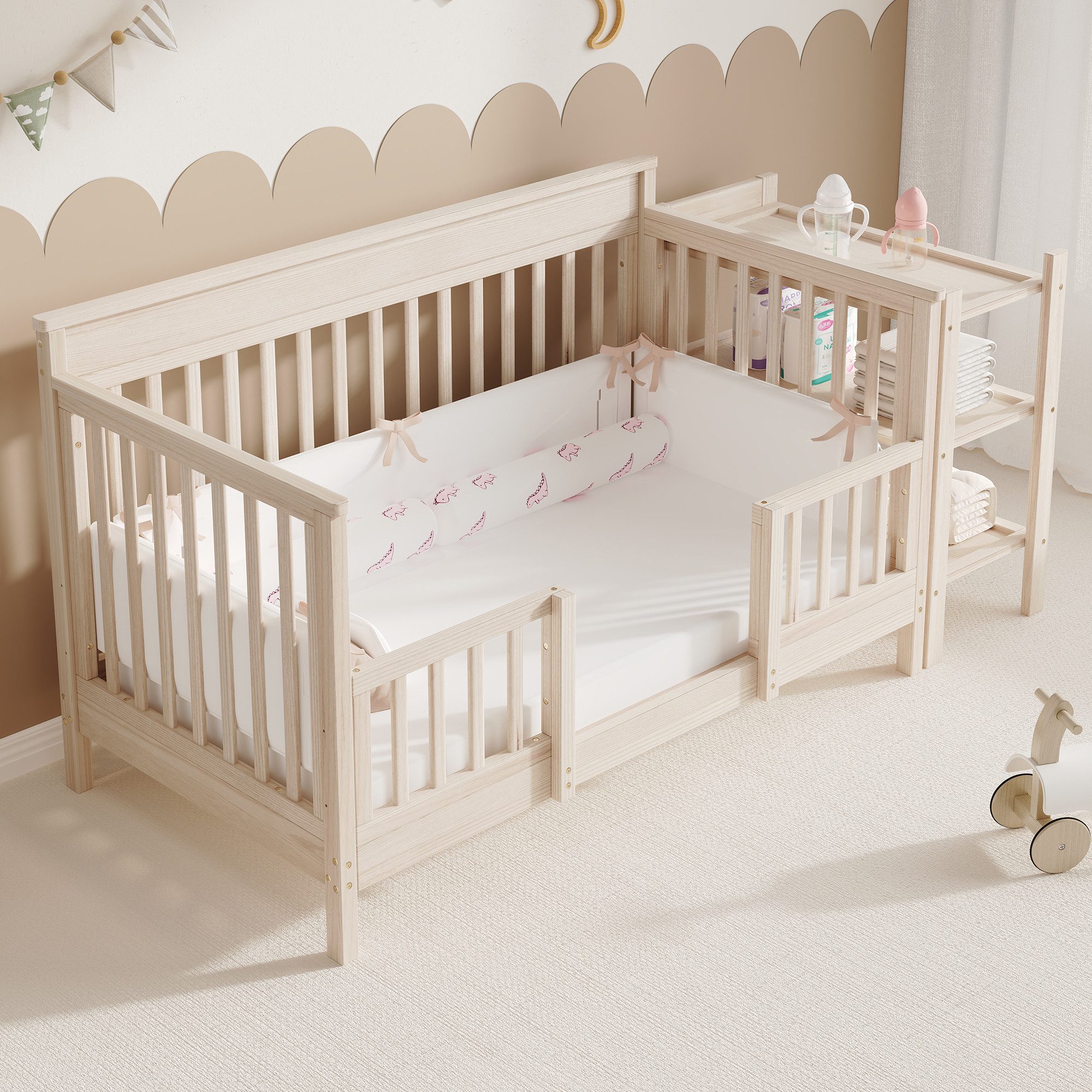 Merax Babybett 3-in-1 Gitterbett 140x70 cm, Massivholz Kinderbett, 1-tlg., 3-fach höhenverstellbar, Beistellbett & Sofa-Modus, mit Wickeltisch