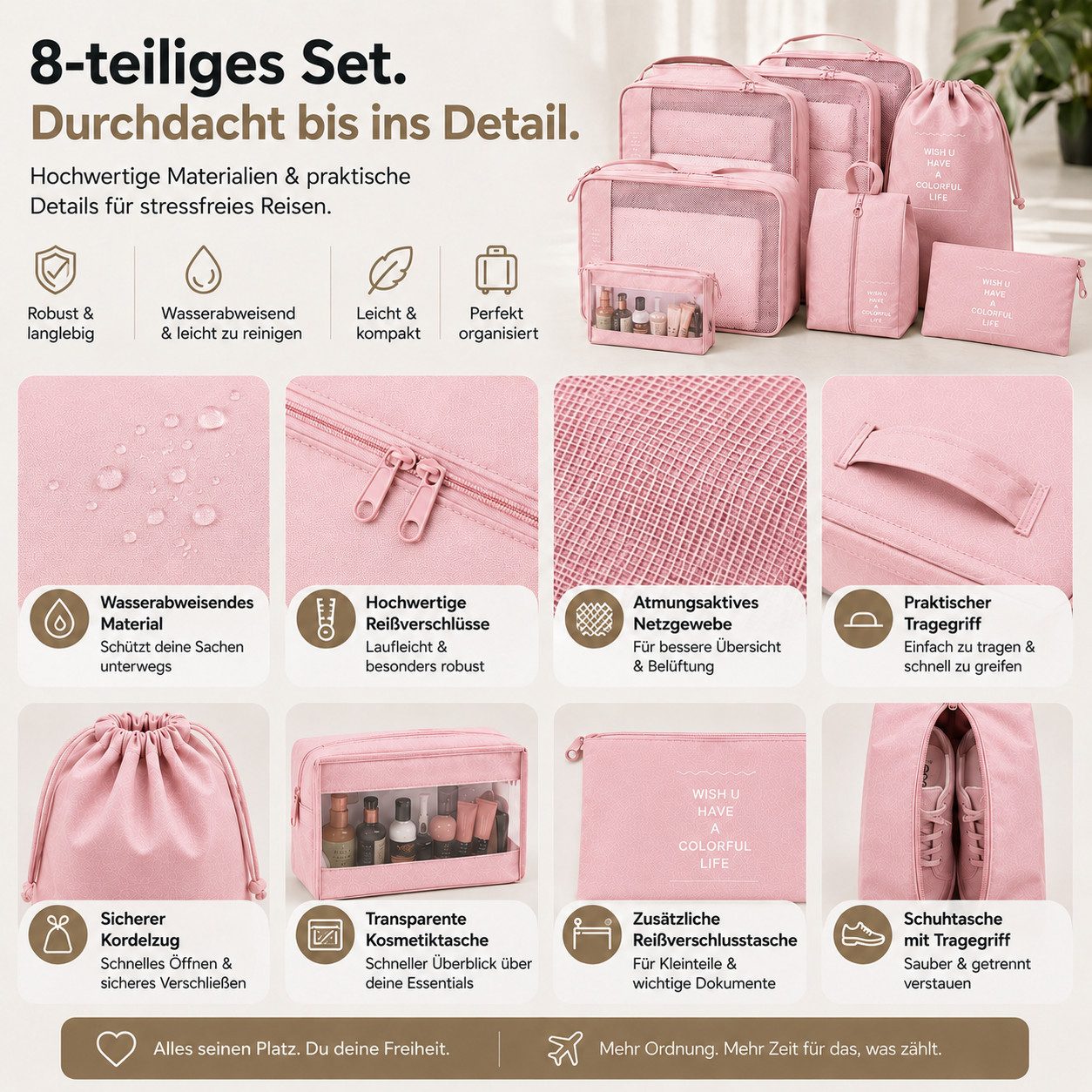 Everhomely® Kofferorganizer Kofferorganizer 8er mit Kosmetiktasche – Packtaschen Packwürfel Reisen (Set, 8er Set)