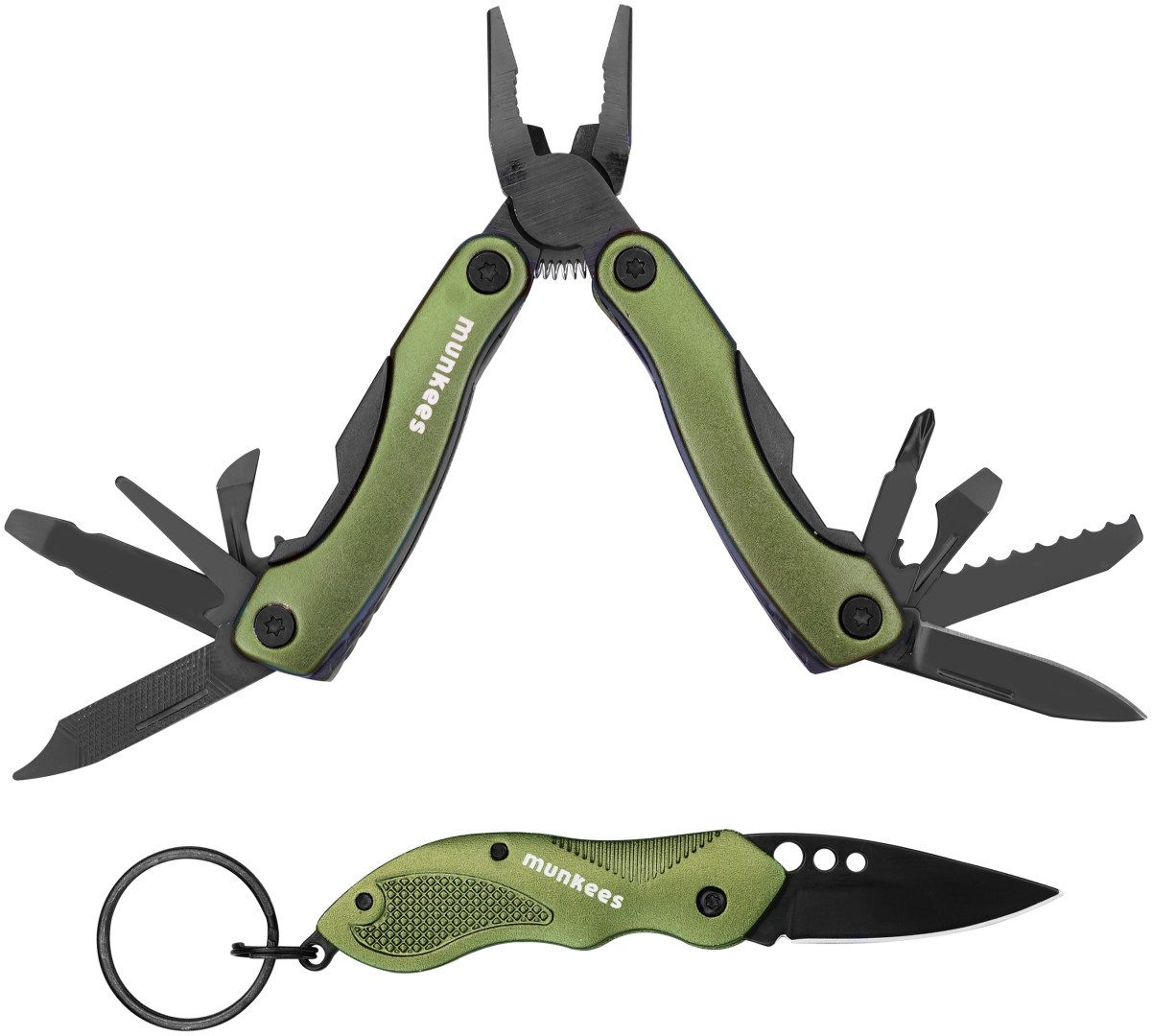 Munkees Multitool Multi Duo Olive – Edelstahl, 9-in-1 Werkzeug, (Werkzeug-Set, 2 St., Vorteilset), 2-in-1 Set, ultrakompakt