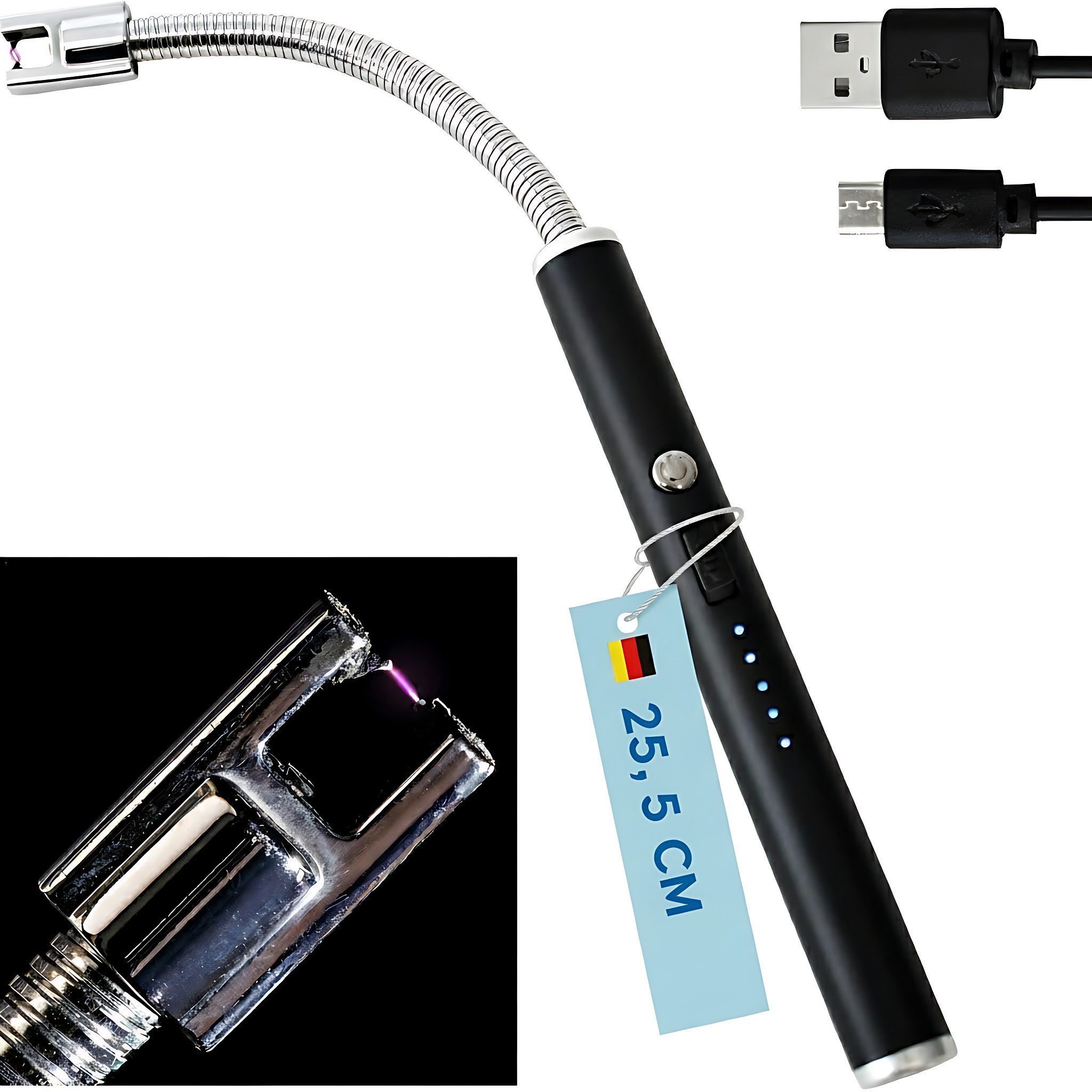 TOM Feuerzeug Lichtbogen Stabfeuerzeug, flexibler Stab, USB-Aufladbar mit Kabel, Aufladbar, windfestes Sturm Feuerzeug, Electic Lighter