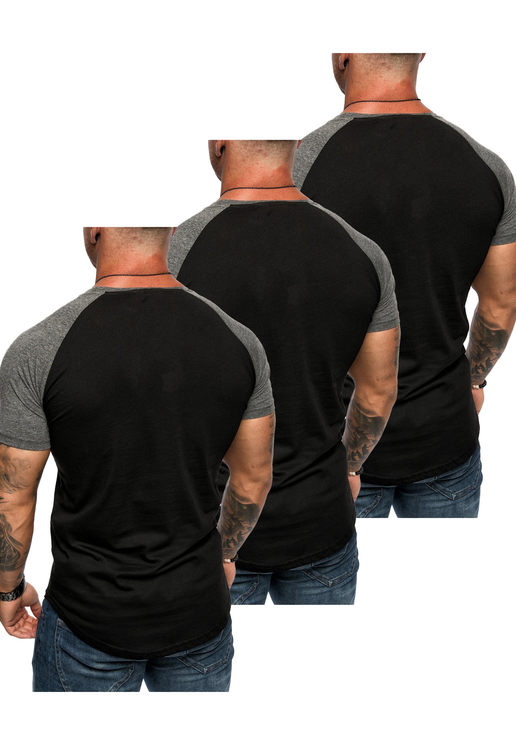 Amaci&Sons T-Shirt Raglan (3er-Pack) (3x T-Shirt Basic Oversize Schwarz/Anthrazit) 3. Herren T-Shirts 3er-Pack Kontrast OMAHA