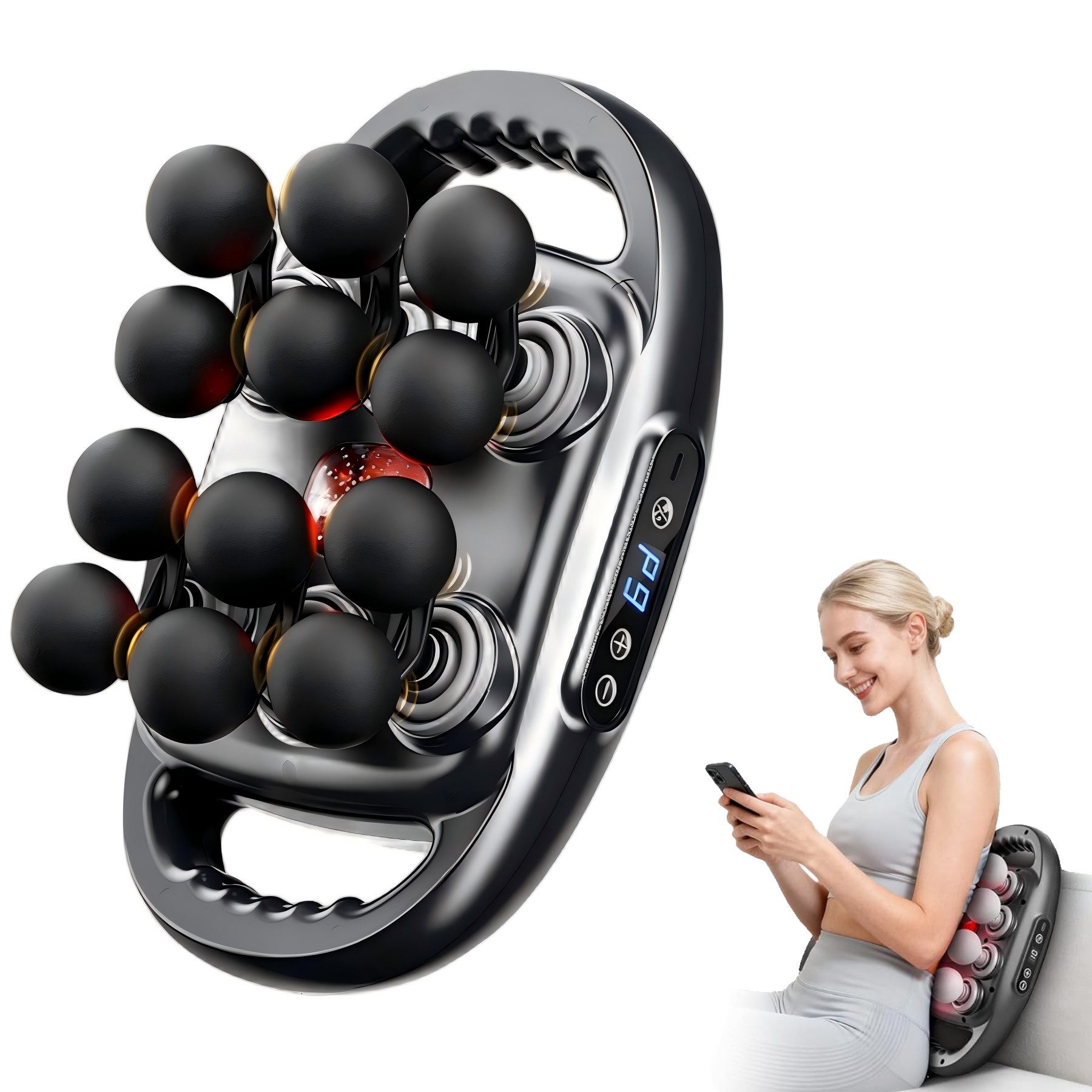 Toomoke Massagegerät Massagegerät, 2-in-1-Nacken-Schulter-Rücken-Massagegerät,9 Modi, Muskelmassagegerät,12 Massageköpfen,6 austauschbare Massageköpfe, Geschenk, Elektrische Massagepistole
