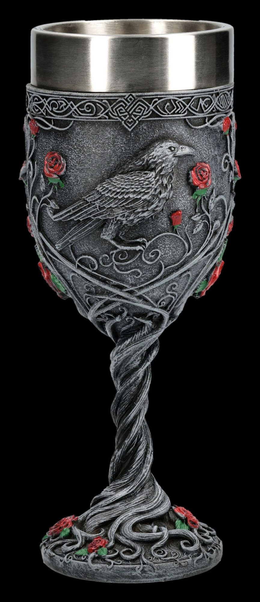 Figuren Shop GmbH Becher Gothic Raben Kelch – Rosen Weinkelch Horror Deko Sammlerstück 19.5 cm, Kunststein (Polyresin), Edelstahl