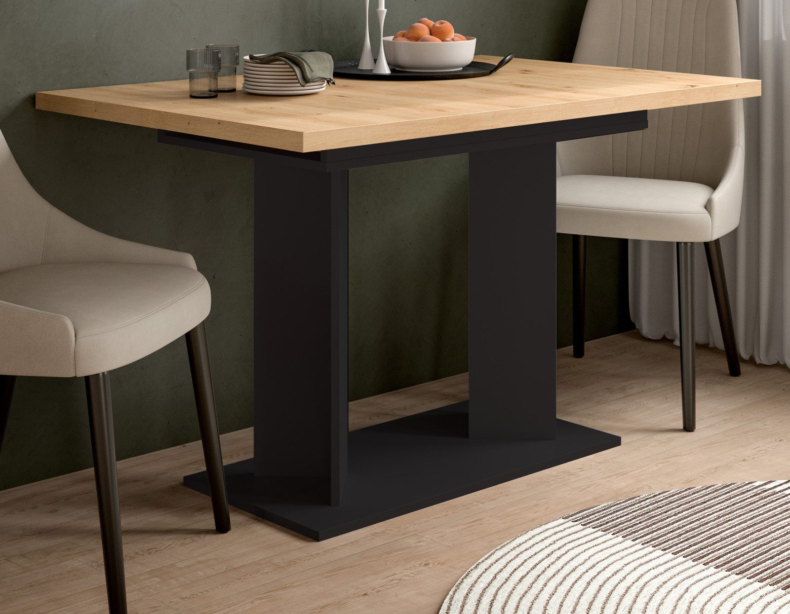 Inn.Furn Säulen-Esstisch Anton (Küchentisch in Eiche Artisan mit Schwarz, ausziehbar von 120 auf 160 cm), für 2 - 8 Personen