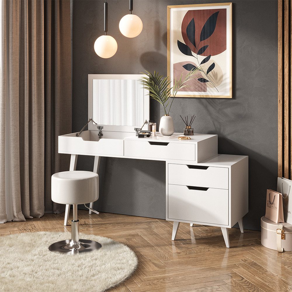 Schminktisch Judy, Weiß, 145 x 125.5 cm mit Spiegel