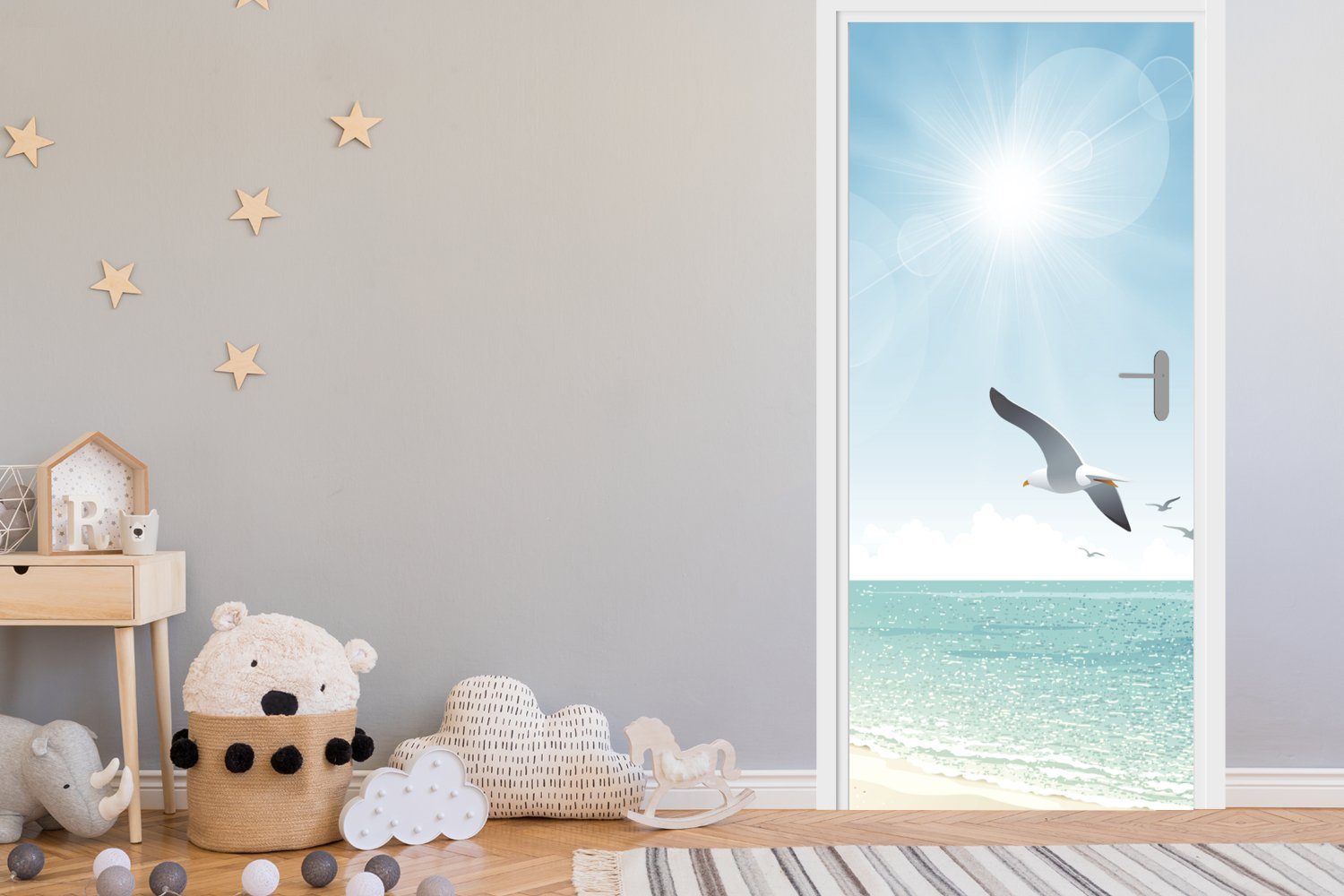MuchoWow Türtapete Eine Illustration eines bedruckt, Strand, Himmels für St), Matt, blauen klaren dem Fototapete 75x205 cm über (1 Tür, Türaufkleber