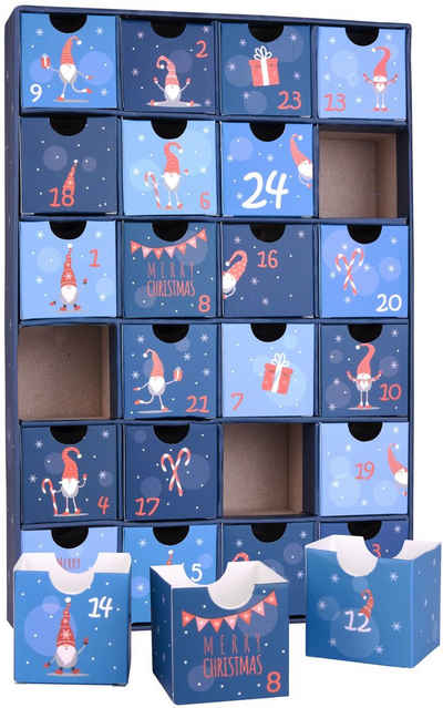 BRUBAKER befüllbarer Adventskalender »DIY Weihnachtskalender mit 24 Türchen zum Befüllen Wichtel Zwerge Blau« (Wiederverwendbar, 1-tlg), Kalender für Gutscheine Süßigkeiten 32,5 cm Pappe