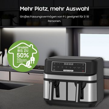 Senmudi Heißluftfritteuse 10L Heißluftfritteuse mit Doppelkammer, XXL Airfryer mit 8 Programmen, 2600,00 W, ohne Öl, XXL Friteuse Heissluft Fritteusen Air Fryer, 5L+5L