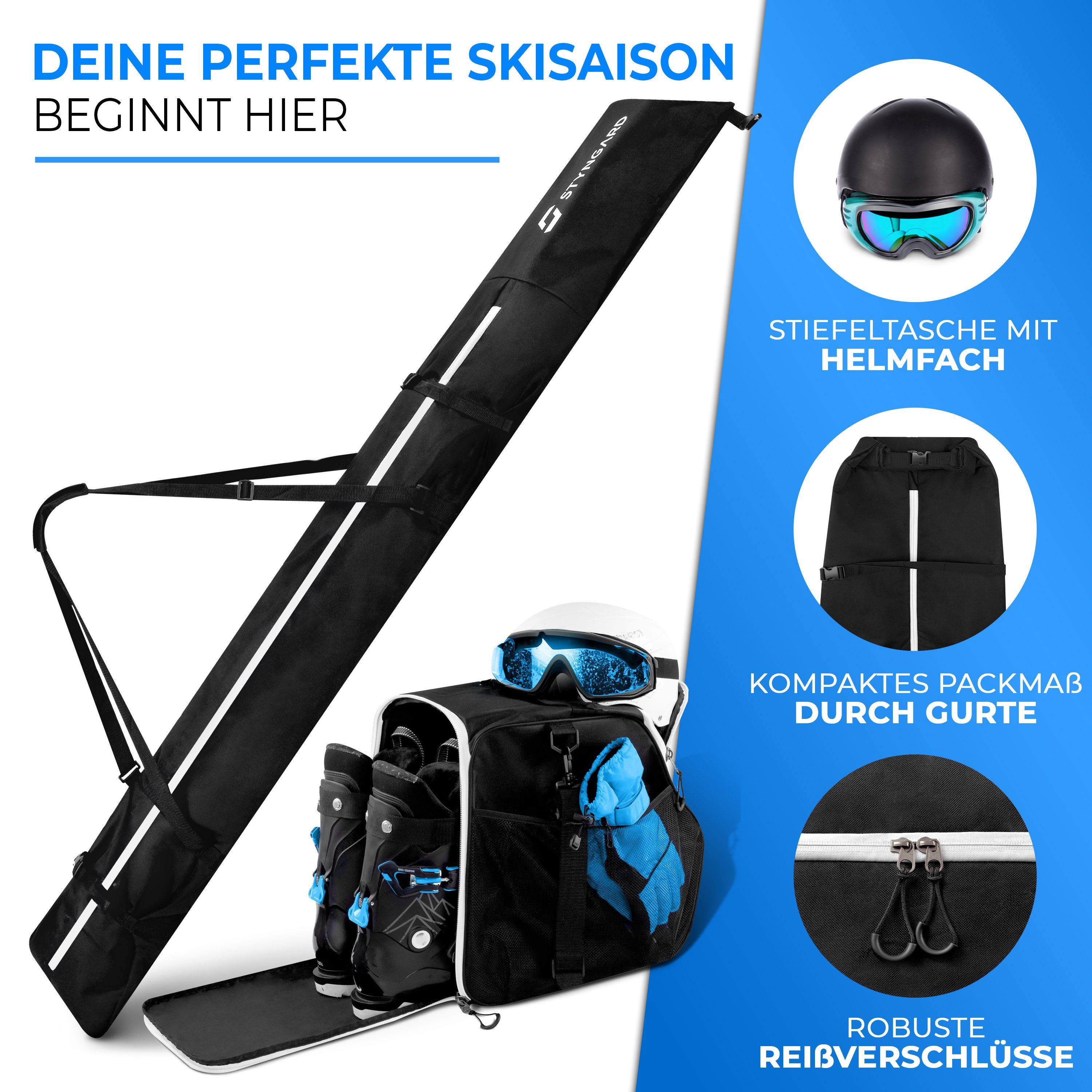 Styngard mit Skischuhtasche Skisack Helmfach (Set L) und cm 200 Skitasche bis [140 [40 Vancouver Schwarz-Weiß cm]