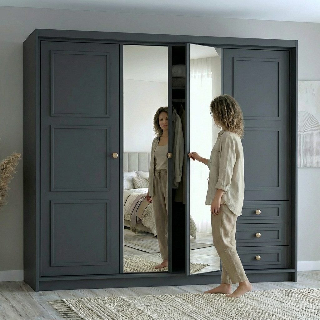 A&J MöbelLand GmbH Drehtürenschrank OSLO viertüriger Kleiderschrank mit Schubladen und Metallgriffen (Geräumiger viertüriger Kleiderschrank mit Schubladen und Metallgriffen. Geräumiger Schrank mit einer Breite von 200 cm und Schubladen, ideal zur Aufbewahrung von Kleidung und Accessoires. Viel Stauraum. TOP PRODUKT! Wählen Sie das ideale Modell für Ihr Schlafzimmer!, TOP ANGEBOT) Breite: 200 cm, Höhe: 215 cm, Tiefe: 59,5 cm