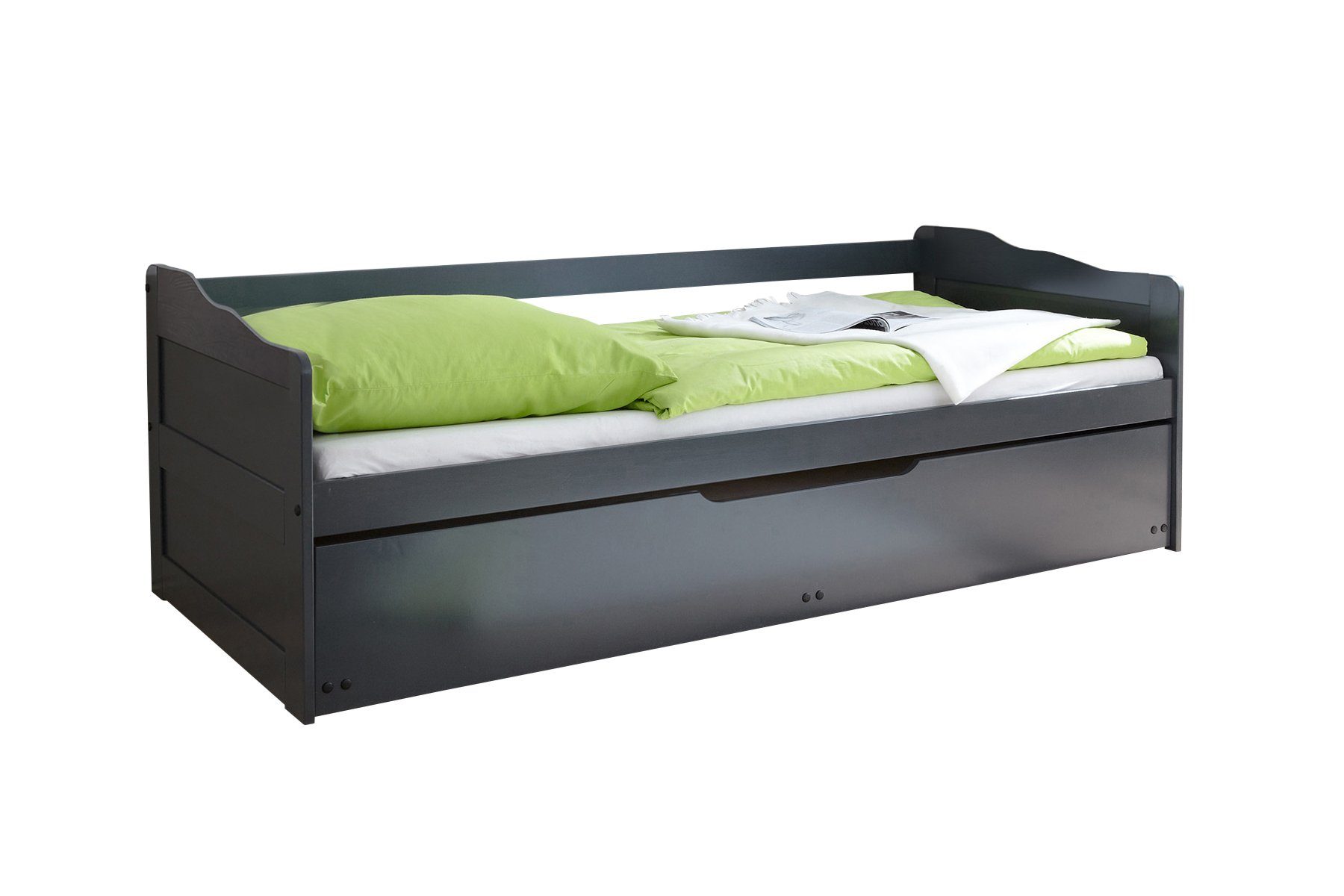 Ticaa Bettgestell Sofabett Marianne Kiefer Grau, Grau lackiert (Holzmaserung sichtbar)
