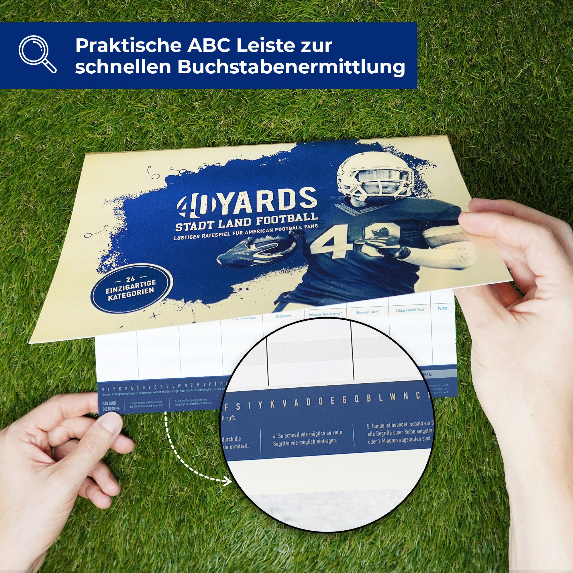 40YARDS Spiel Stadt Land Football: American Football Quiz (DIN A4 Block; 50 Blatt), Gesellschaftsspiel, Made in Germany