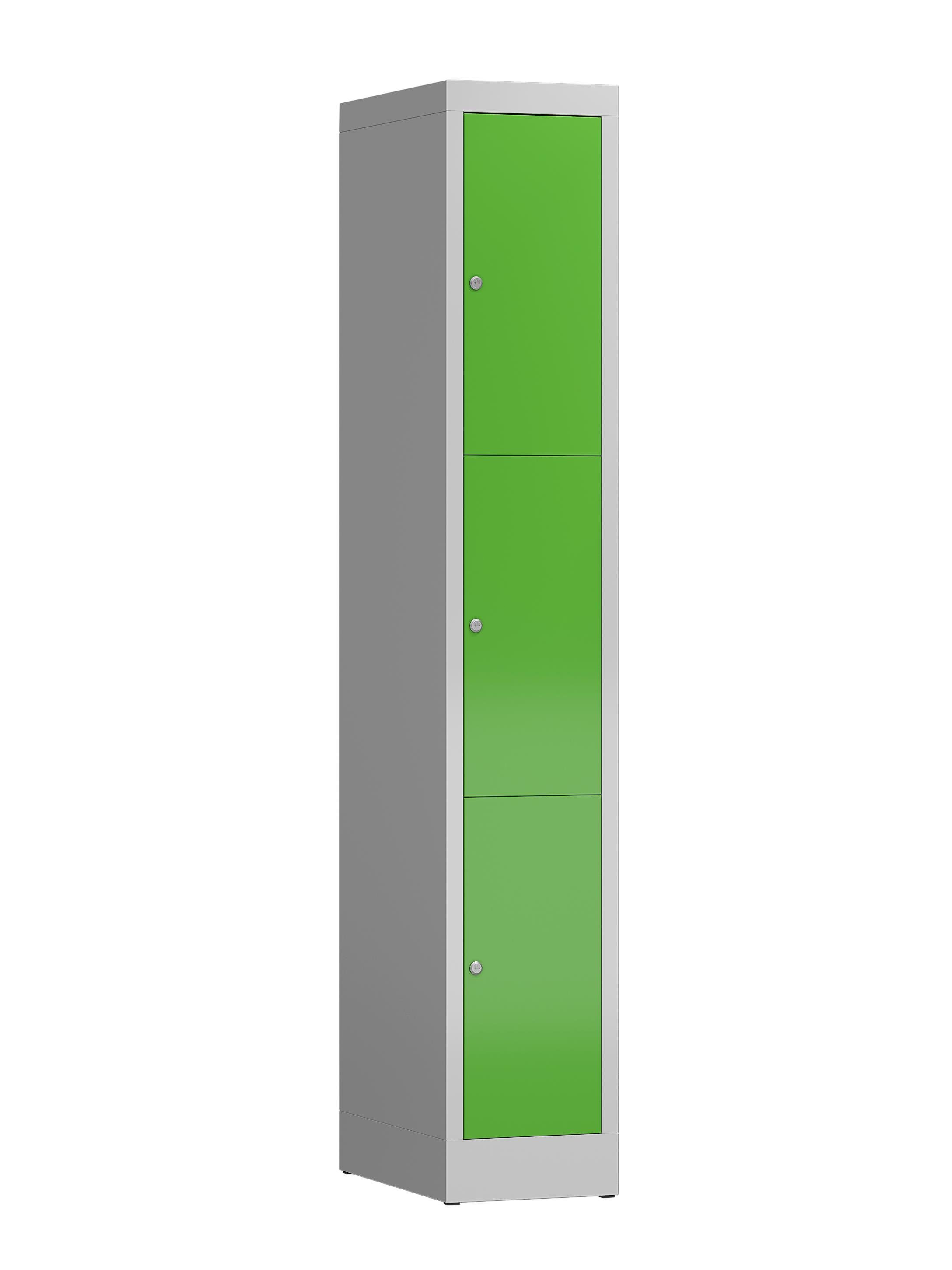 Steelboxx Fächerschrank ClassiX Schließfachschrank, 1 Abteil, 3 Fächer, 1800 x 310 x 500 mm (1-St) Komplett verschweißt und montiert - keine Montage erforderlich Korpus: RAL 7035 Lichtgrau/ Türen: Grün