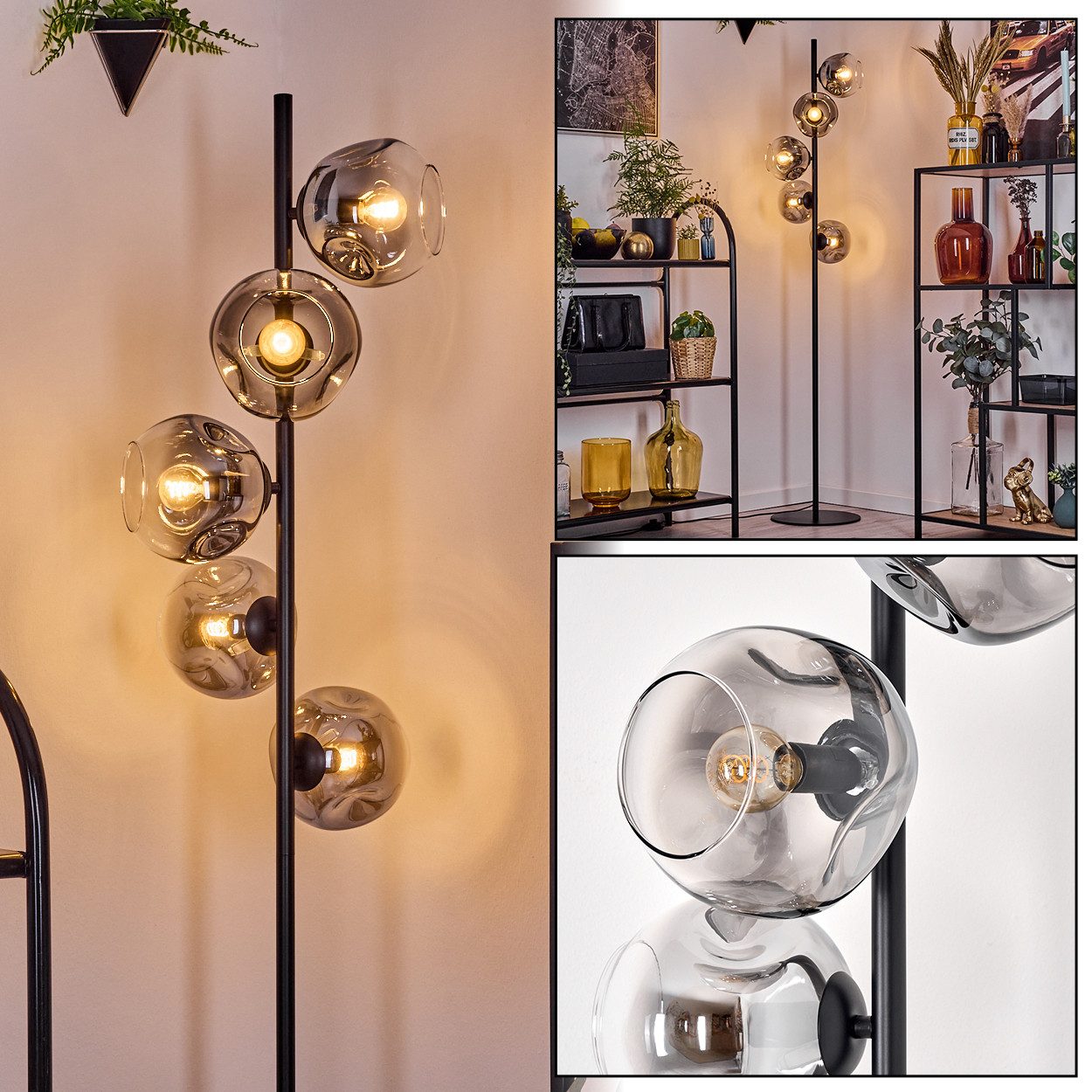 Stehlampe Stehlampe aus Metall/Glas in Schwarz/Rauch/Klar, Retro/Vintage-Design