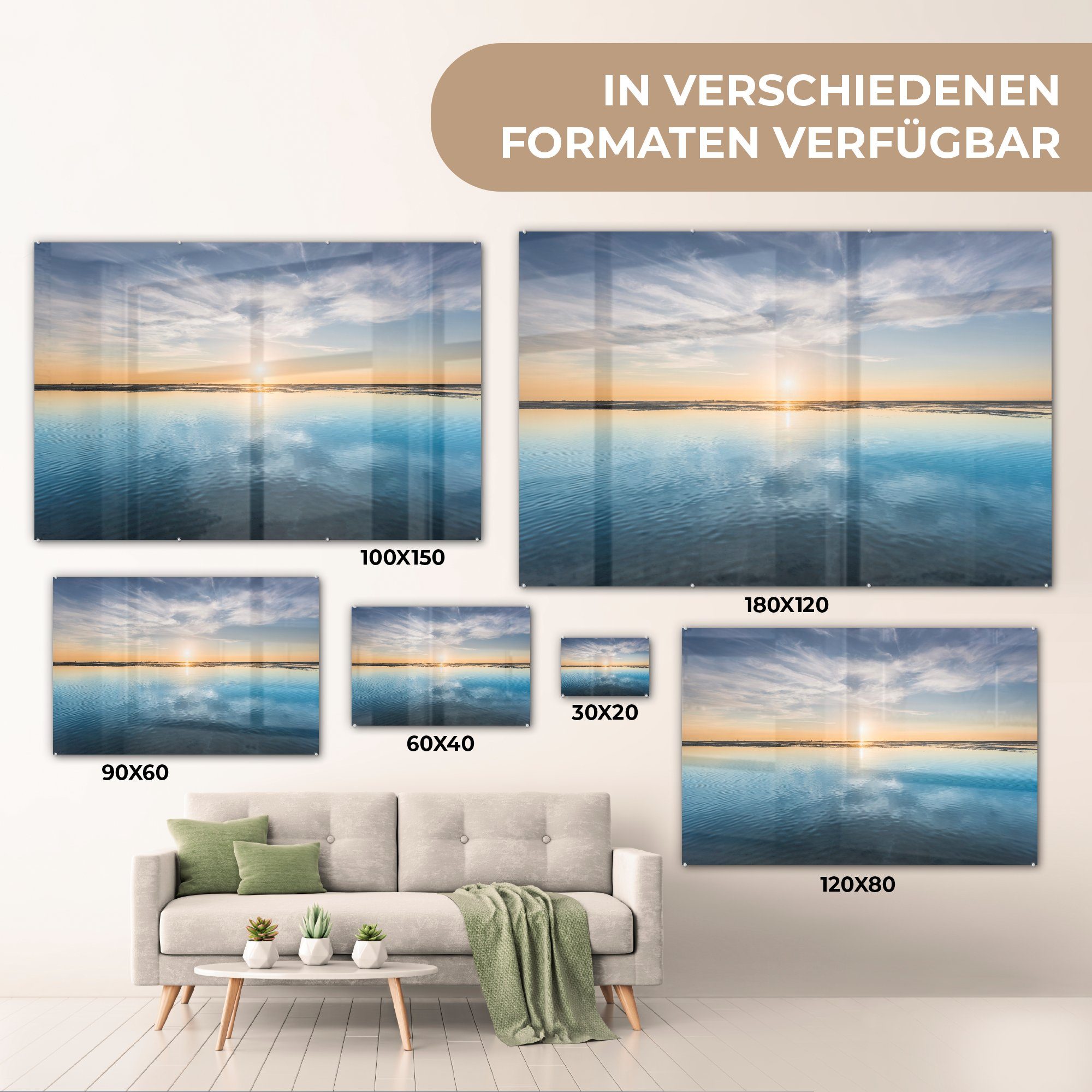 Wanddekoration Glas (1 - Wolken auf auf - Glas Acrylglasbild Sonne, MuchoWow - Wandbild St), Bilder Foto - - Glasbilder Meer
