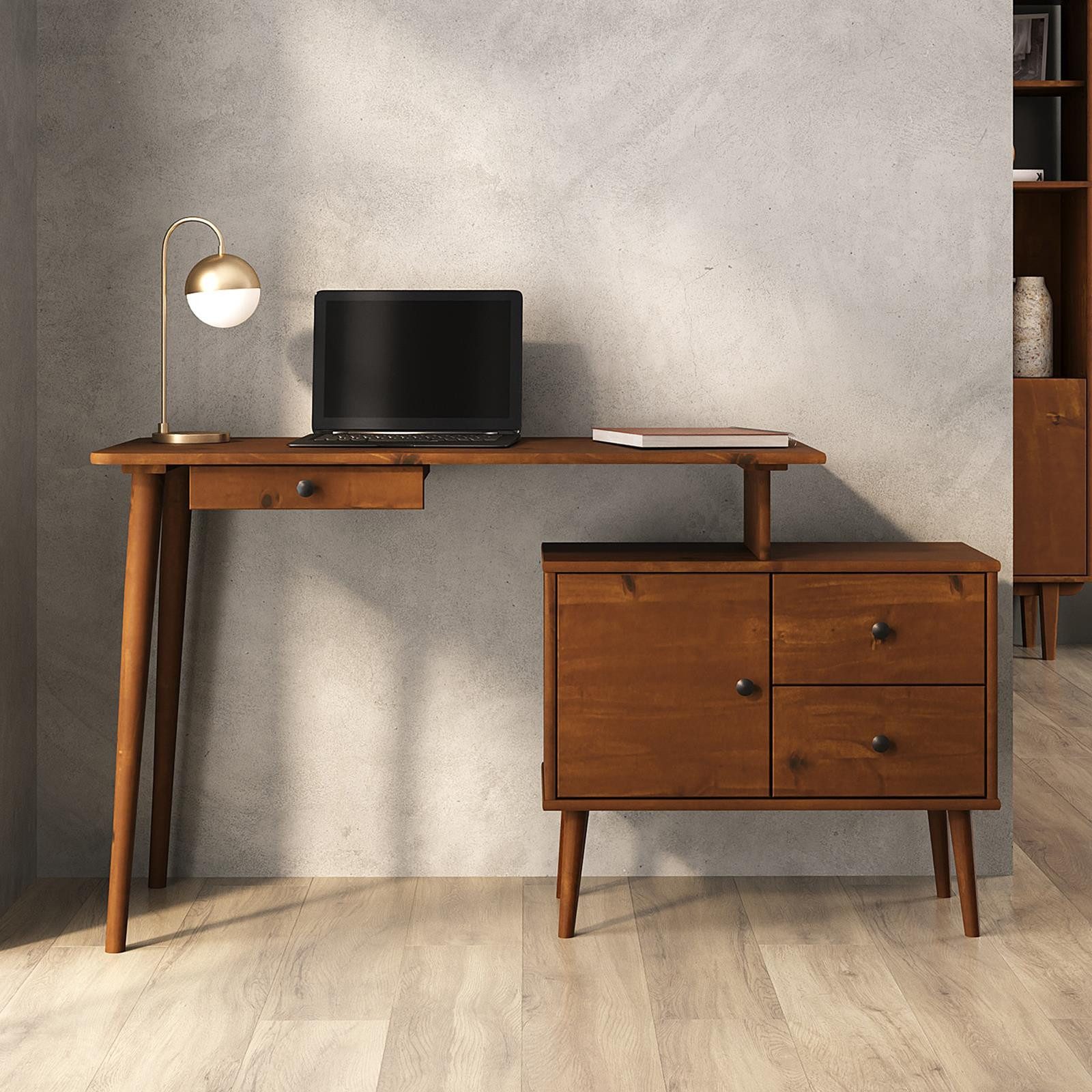 IDIMEX Schreibtisch ANGOLO, Homeoffice Tisch aus Massivholz mit Stauraum Kastanie Finish