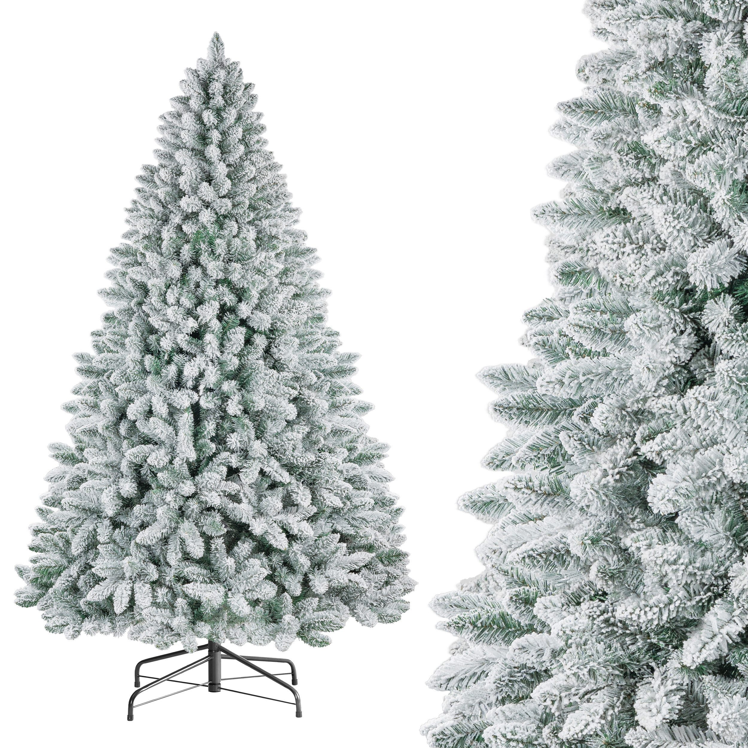 Sinaopus Künstlicher Weihnachtsbaum 180/210 cm Beflockte Schneetanne, PVC, Lichterkette, 8 Lichtmodi, Dicht beflockte PVC-Schneetanne, volle Zweige, markanter Winterlook, Warmgelbe Lichterkette, 8 Modi, dichte Beflockung, Metallständer
