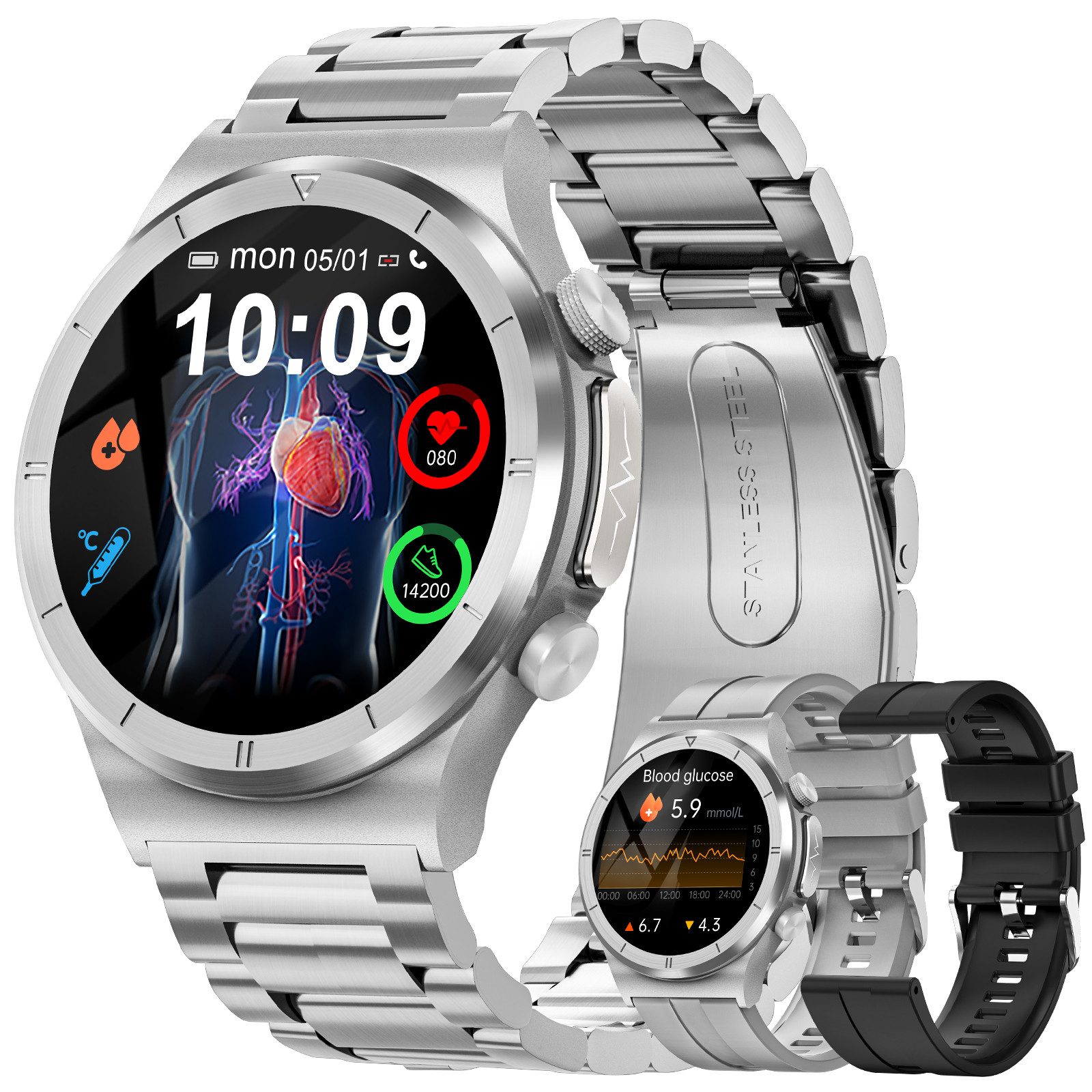 Smartwatch Herren mit ʙʟᴜᴛᴢᴜᴄᴋᴇʀ/ECG+PPG/Blutdruck/BMI-Überwachung Smartwatch